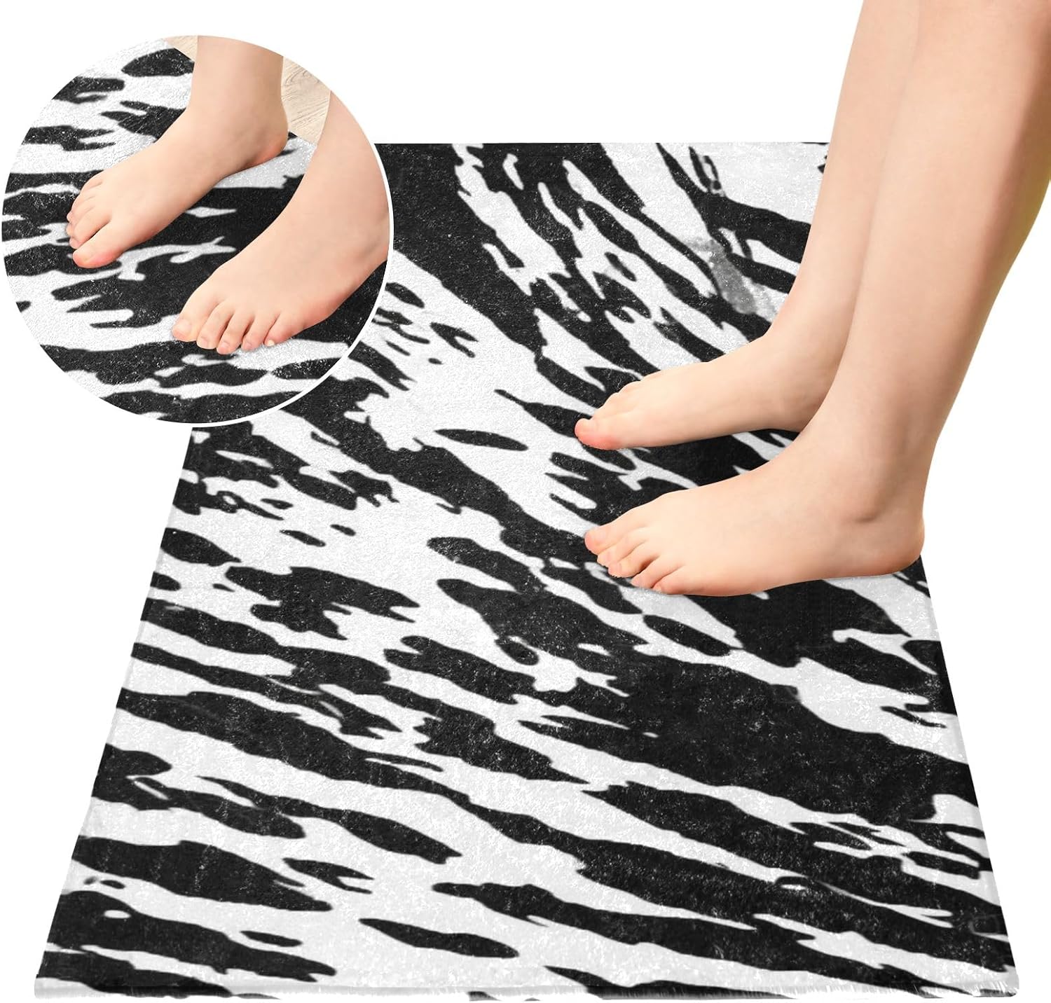 Joisal Alfombra de baño de felpa de piel de cebra blanca y negra, absorbente, alfombra de baño con respaldo de goma, lavable, 39 x 20 pulgadas