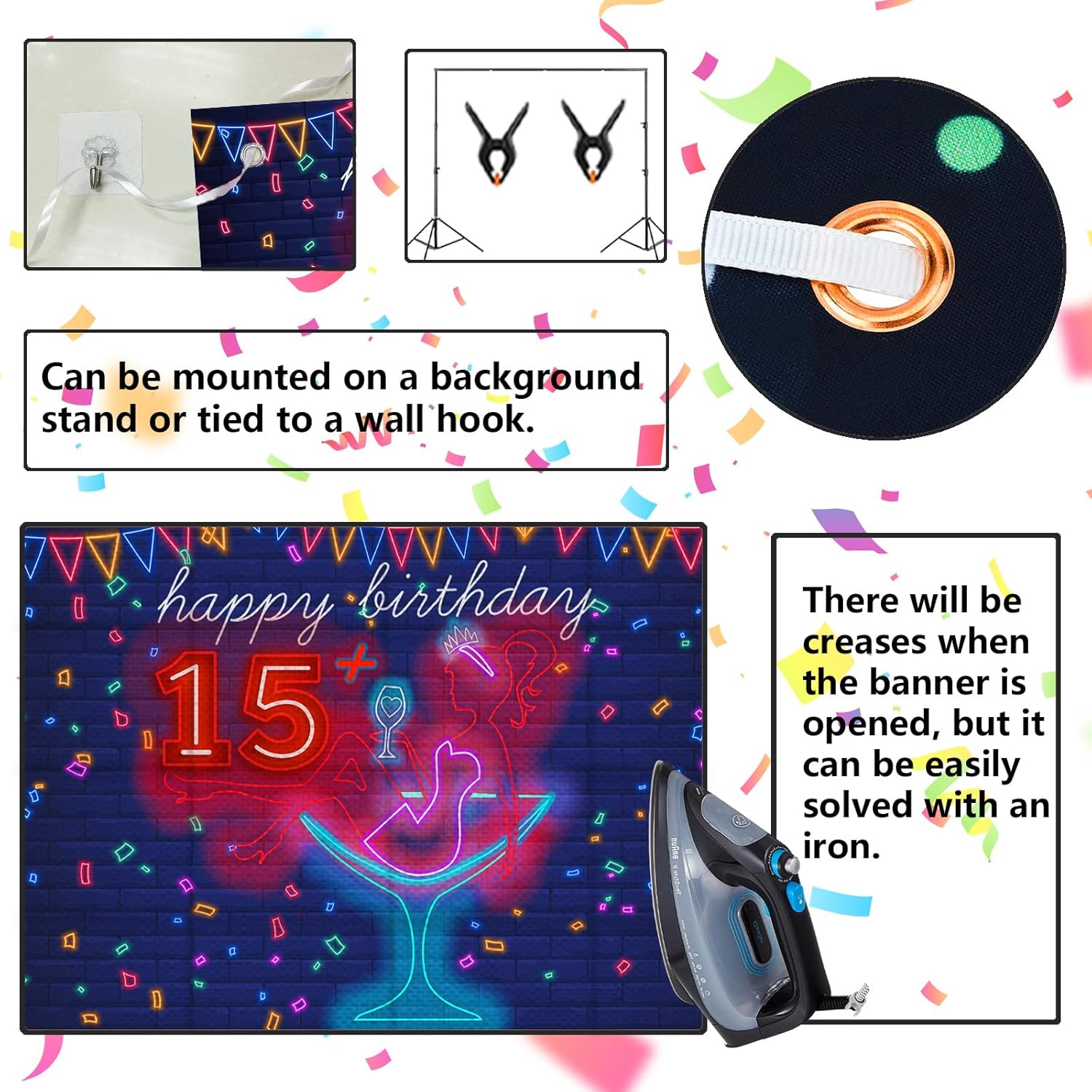 Cartel de neón con texto en inglés Happy 15 Birthday Girl Happy 15 Birthday Banner Cheers to 15 años de tacón alto, maquillaje para decoración de