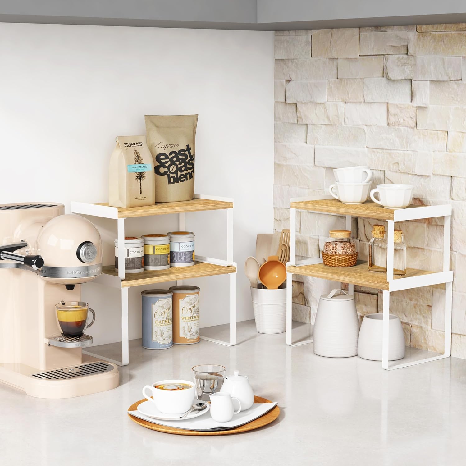 Juego de 4 estantes organizadores de armario de cocina, organizador apilable de encimera para encimera de cocina, organizadores de esquina y estante