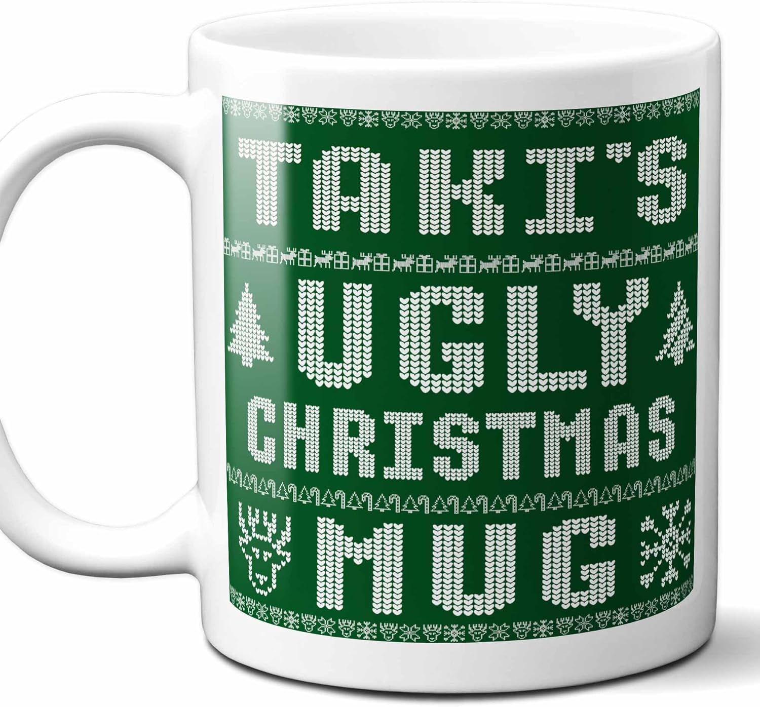 Taki Name Christmas Gift. Personalized Ugly Christmas Sweater Coffee Mug. Funny Custom Xmas Gift, Stocking Stuffer For Friends, Coworkers And Person