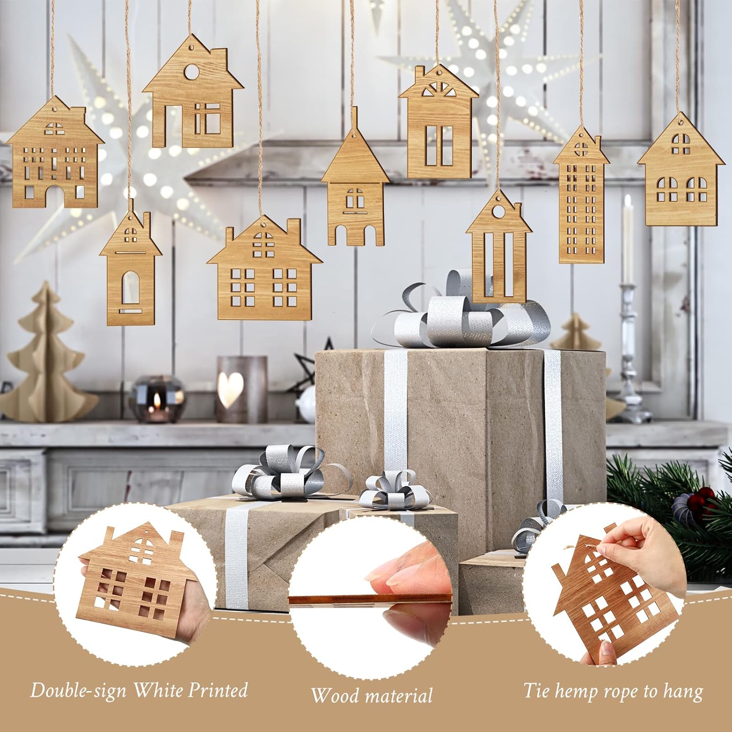 Unittype 18 adornos de madera de Navidad para el árbol de Navidad, adornos de madera en forma de casa, adornos colgantes de madera de doble cara,
