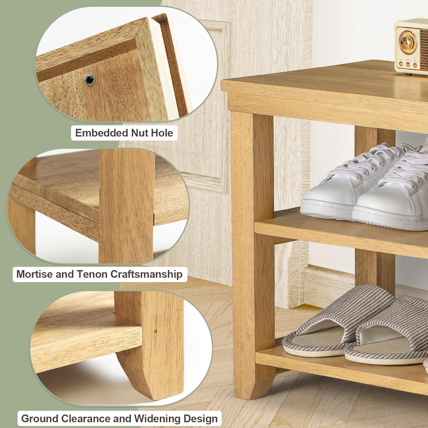 Zapatero de madera maciza, almacenamiento de zapatos de entrada de 3 niveles, soporta hasta 550 libras, estante organizador de zapatos para pasillo,