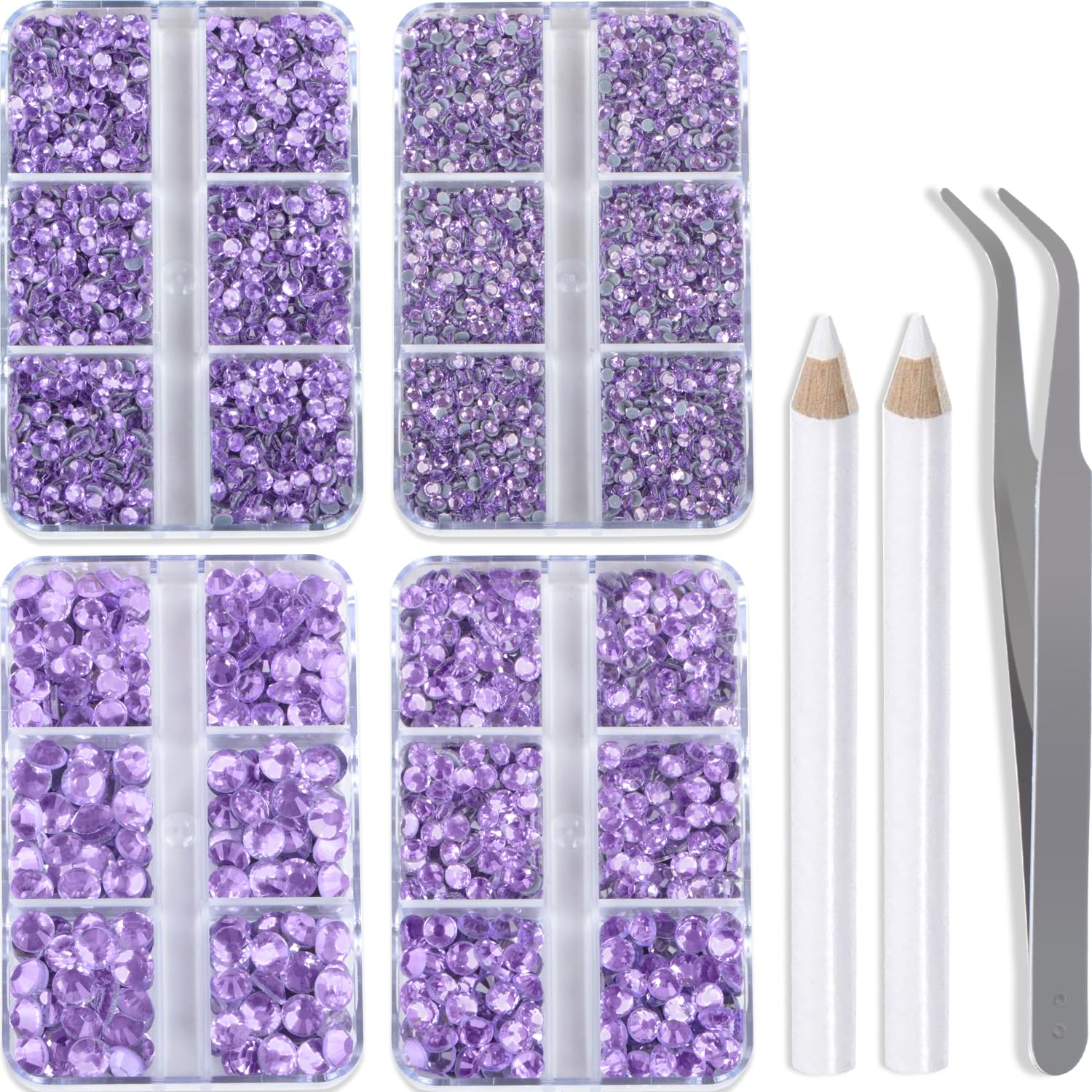 10000 unidades de 5 diamantes de imitación termoadhesivos violetas de tamaño mixto para manualidades, ropa, arte de uñas con pinzas y lápiz para