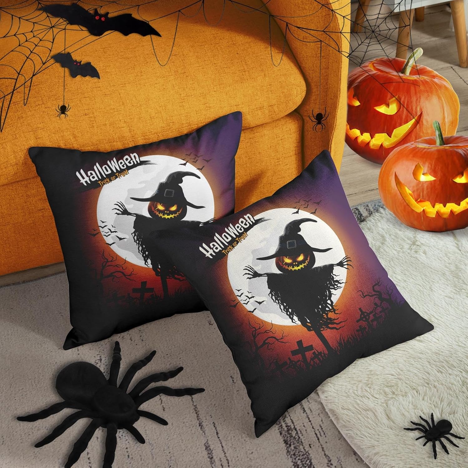 Arttown Juego de 2 fundas de almohada cuadradas de lino de 18 x 18 pulgadas, diseño de calabaza, luna, otoño, búho, decoración del hogar y almohadas