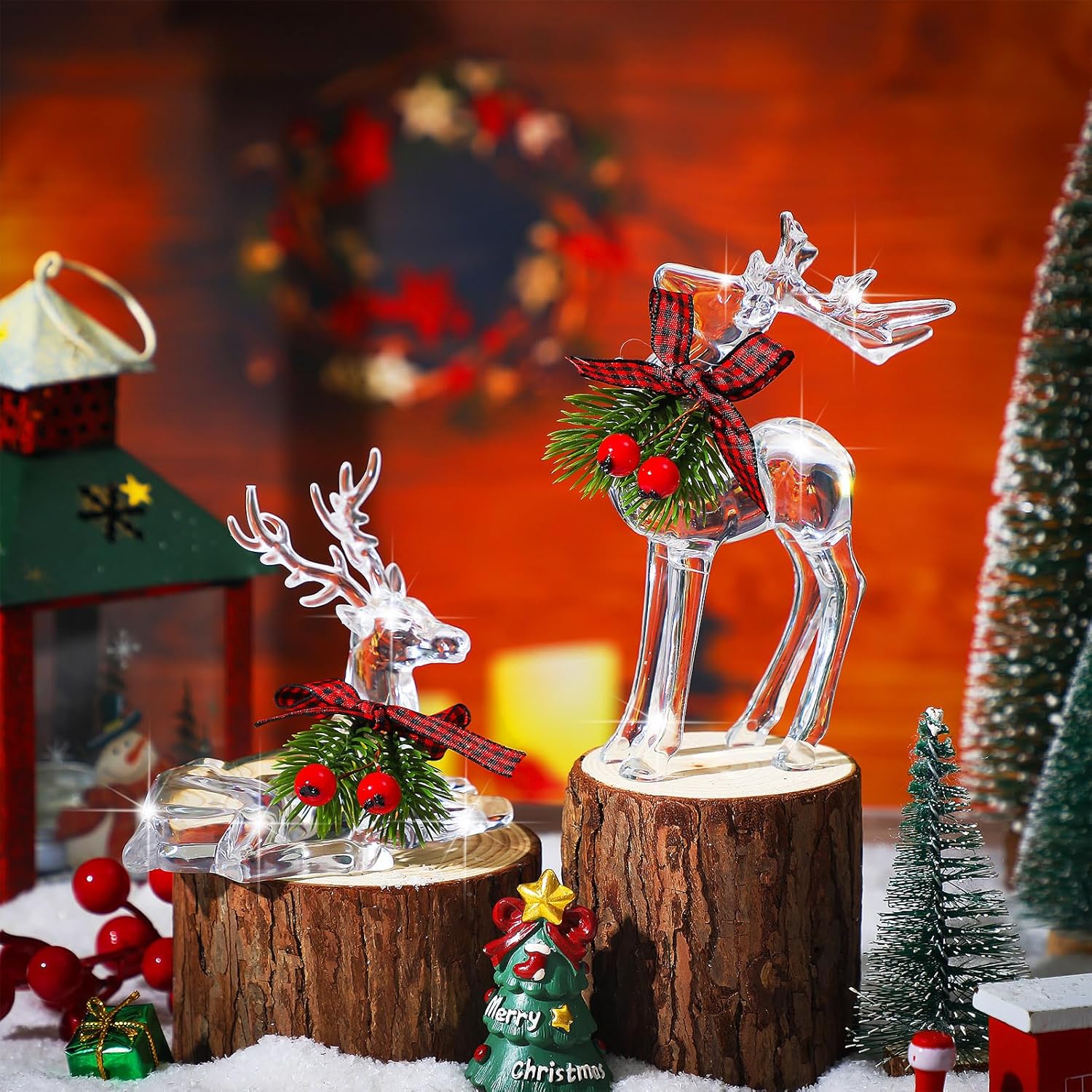 Bucherry 2 figuras de reno de invierno, decoración de ciervos acrílicos, estatuas de ciervos con lazo de bayas rojas para el hogar, decoración de