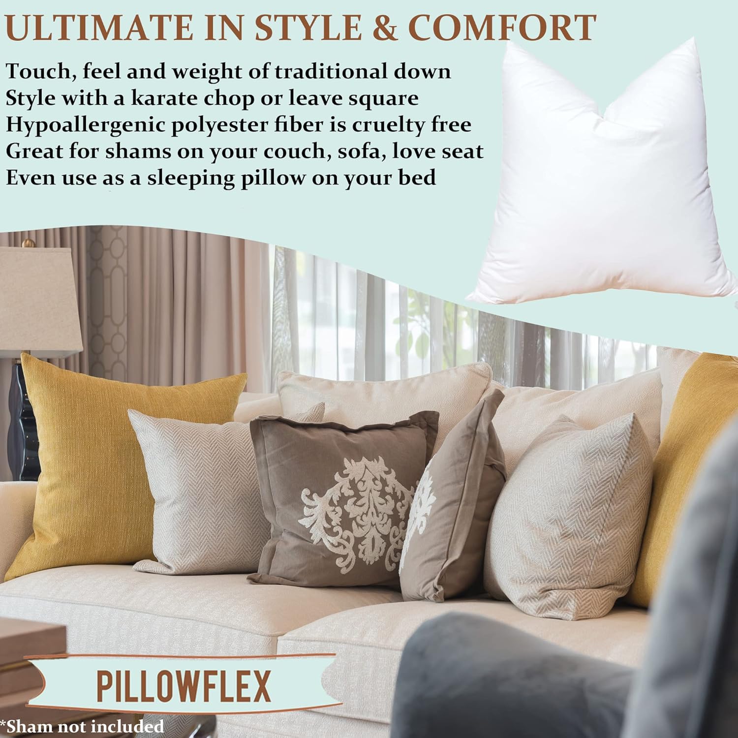 Pillowflex – Inserto de almohada de plumón sintético, 18 x 18 pulgadas, inserto para almohada de cama, sofá, sillón, almohada decorativa de