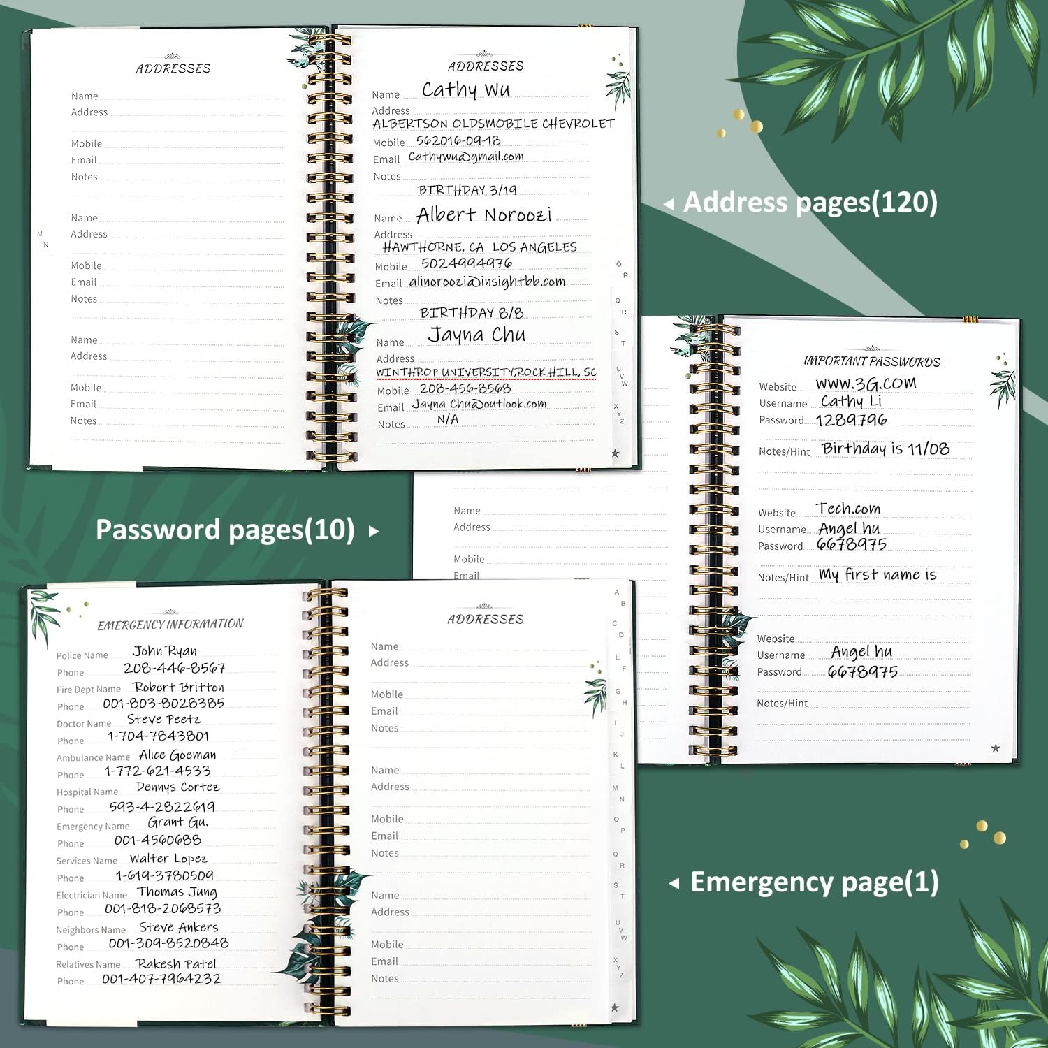 JUBTIC Libreta de direcciones de tapa dura con pestañas alfabéticas, libreta de direcciones encuadernada en espiral con páginas rellenables, libreta