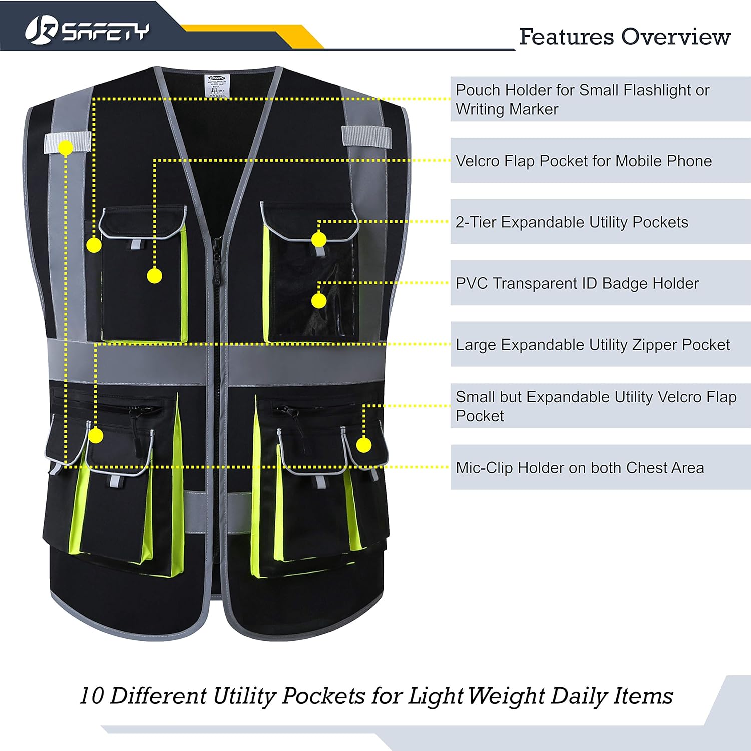 JKSafety Chaleco de seguridad frontal con 10 bolsillos clase 2 de alta visibilidad con tiras reflectantes, cumple con los estándares ANSIISEA