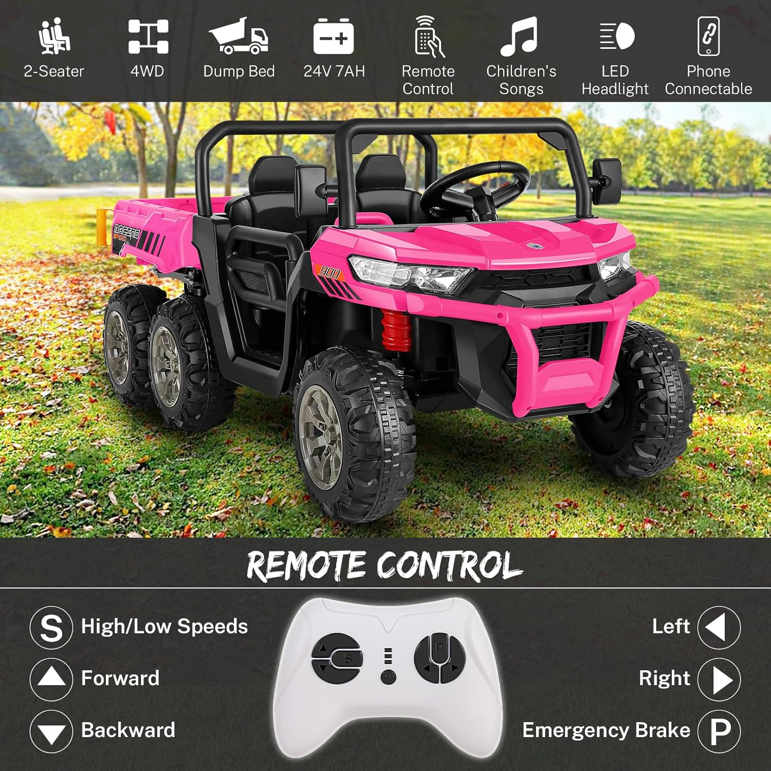 Hikole Vehículo UTV de 2 plazas para niños, 24 V, 6 x 6, 4 WD, auto eléctrico para niños con control remoto, 6 ruedas, cama volquete, música,