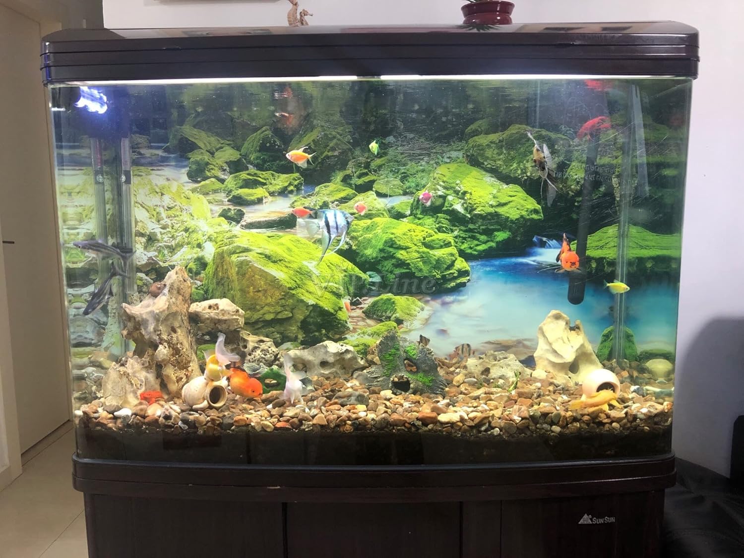 Póster de fondo de acuario de piedra de musgo verde con fondo de acuario, decoración de fondo de pecera (72 x 20 pulgadas72.0 x 20.1 in)