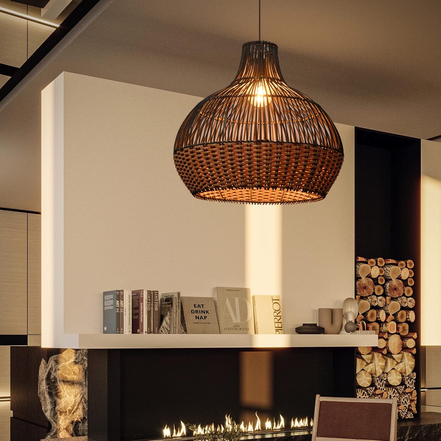 Arturesthome Luces colgantes de ratán negro, lámpara de mimbre estilo bohemio, accesorio de iluminación de cesta, lámpara colgante grande de tejido