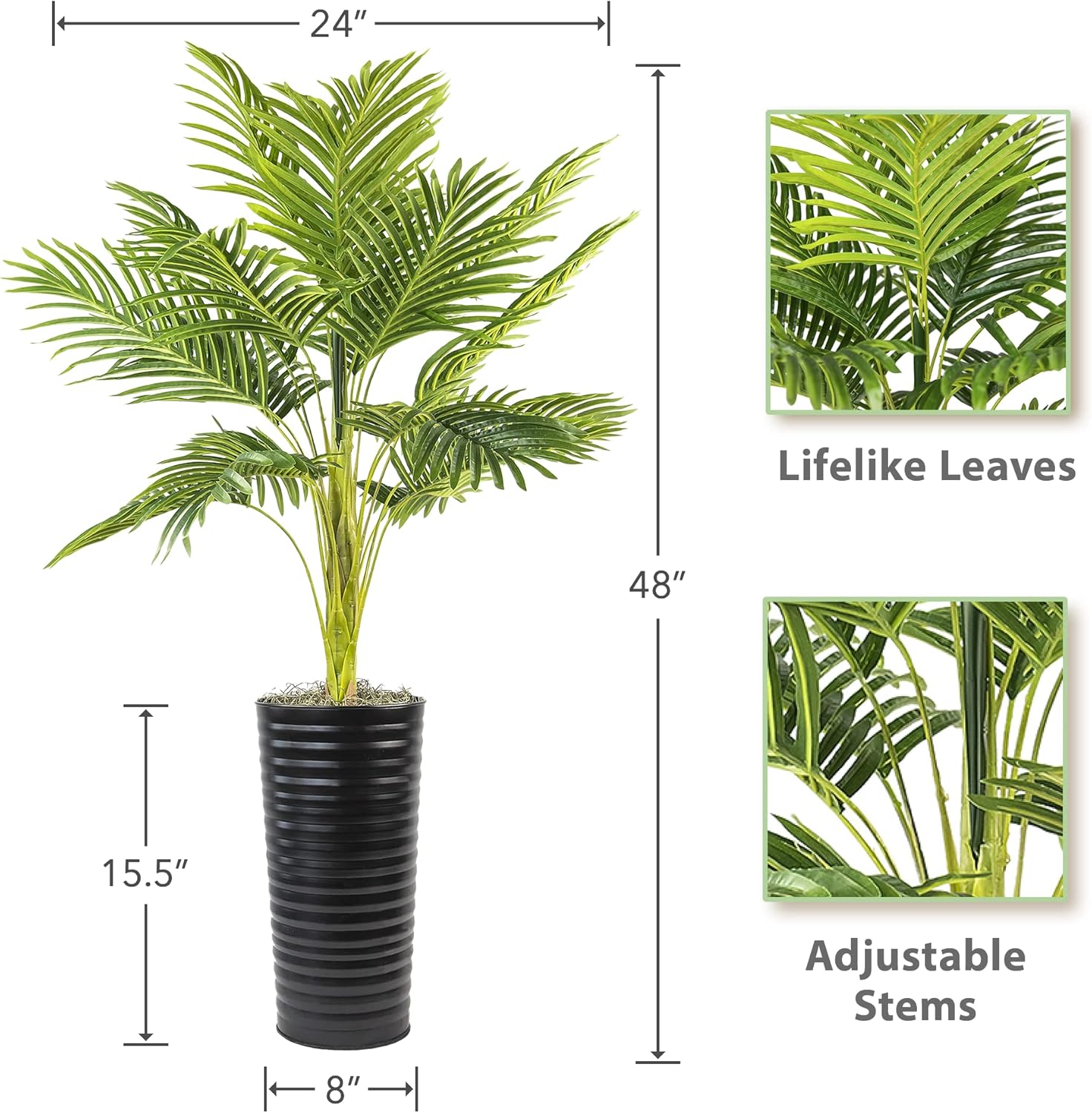 Paquete de dos plantas  Planta artificial de palma de 4 pies en maceta de metal acanalado negro (paquete de 2)  Follaje y tallos naturales realistas