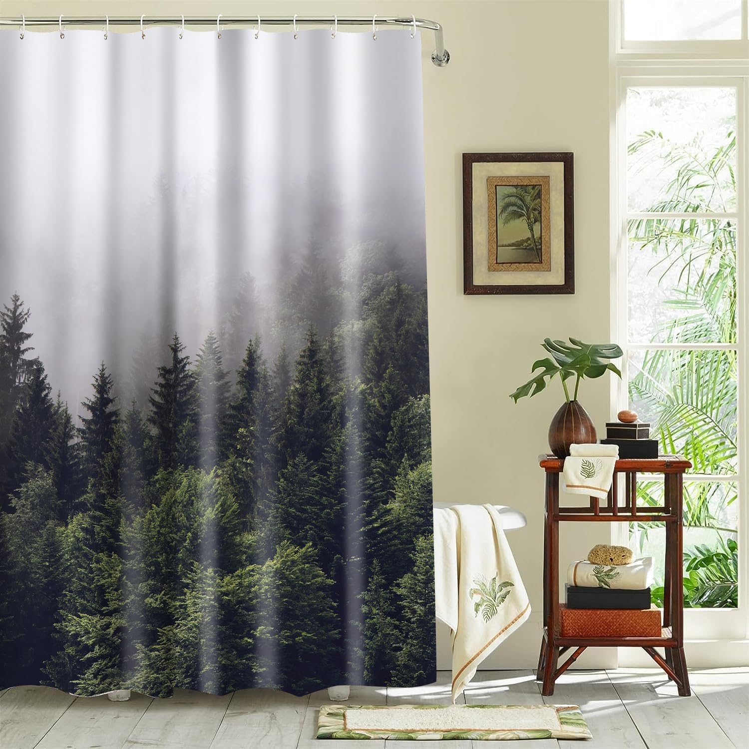 Guo Long Xu Misty Forest – Juego de cortinas de ducha de tela impermeable para baño, árbol natural, montaña, bosque, decoración de baño, cortina con