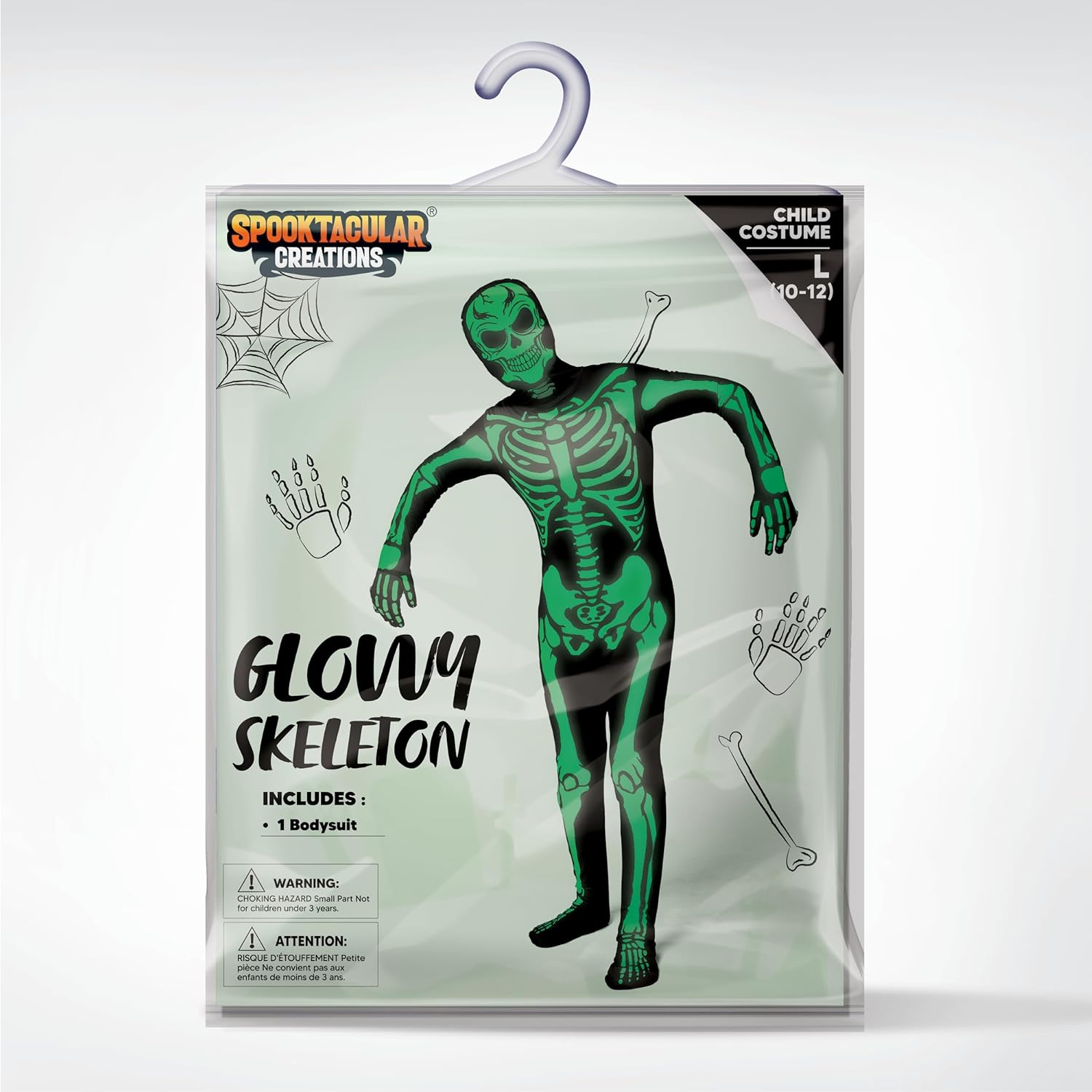 Spooktacular Creations Disfraz de esqueleto para niños, body con capucha de esqueleto negro que brilla en la oscuridad para niños y niñas