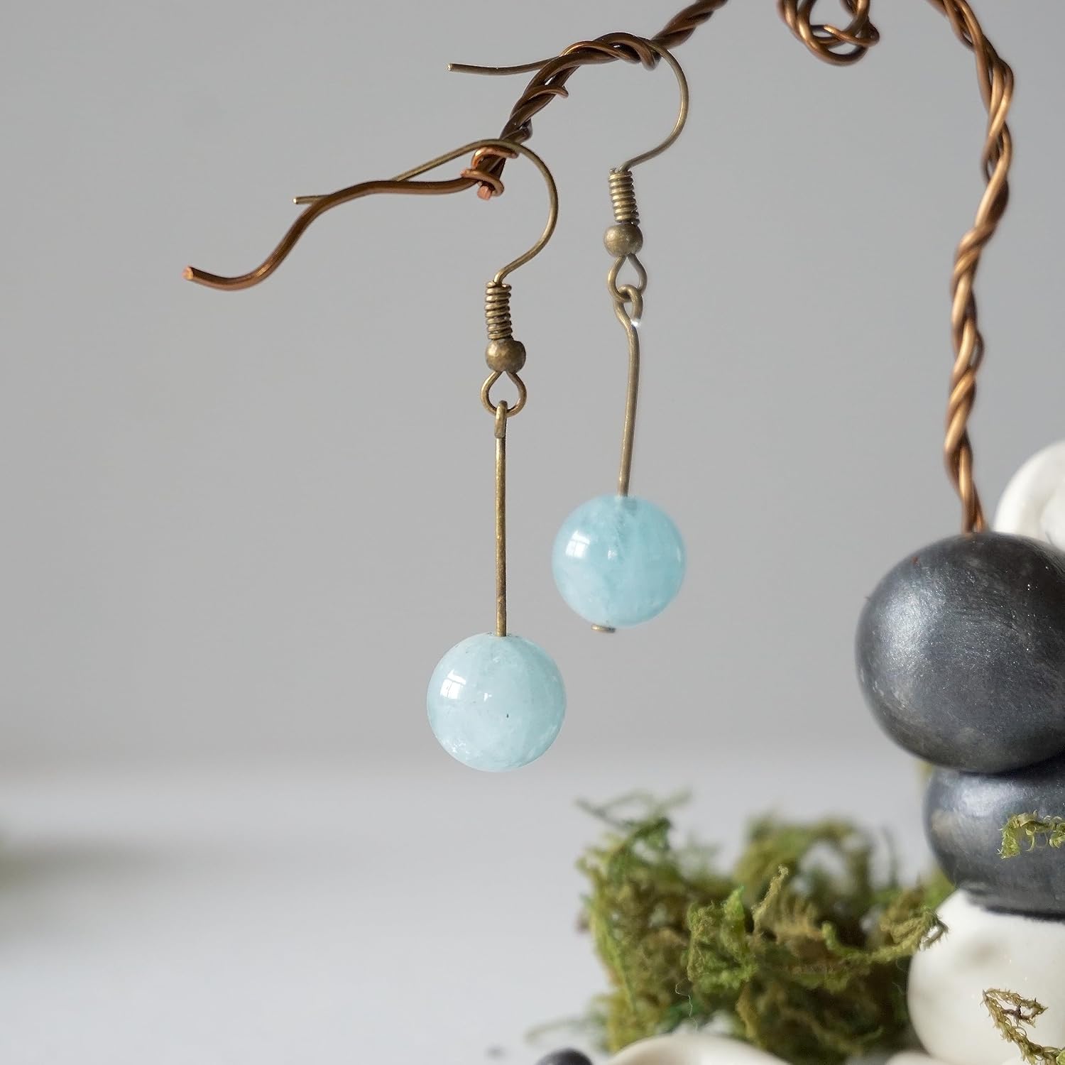 Designs by Nature Gems Handmade Womens Genuine Raw Aquamarine Earrings – Comes with 1.5 Antique Bronze and Gift Box, March Birthstone, Mothers Day