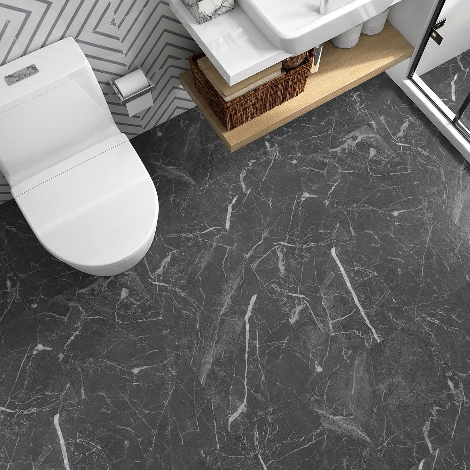 WESTICK Azulejos de suelo de color negro claro para baño, azulejos de cocina para despegar y pegar, azulejos de mármol impermeables para dormitorio,