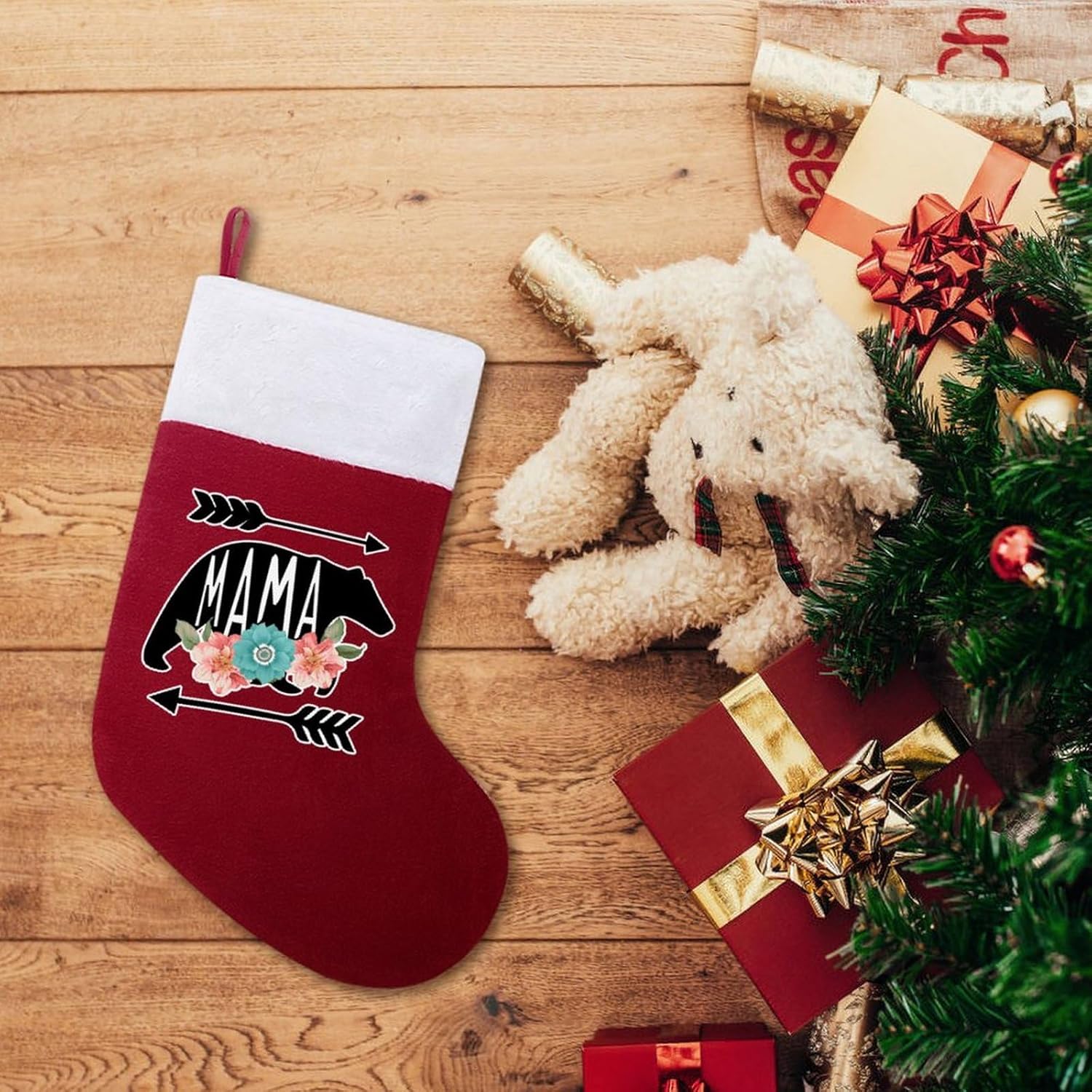 Calcetines de Navidad personalizados con diseño de mamá oso para chimenea, decoración de fiestas navideñas