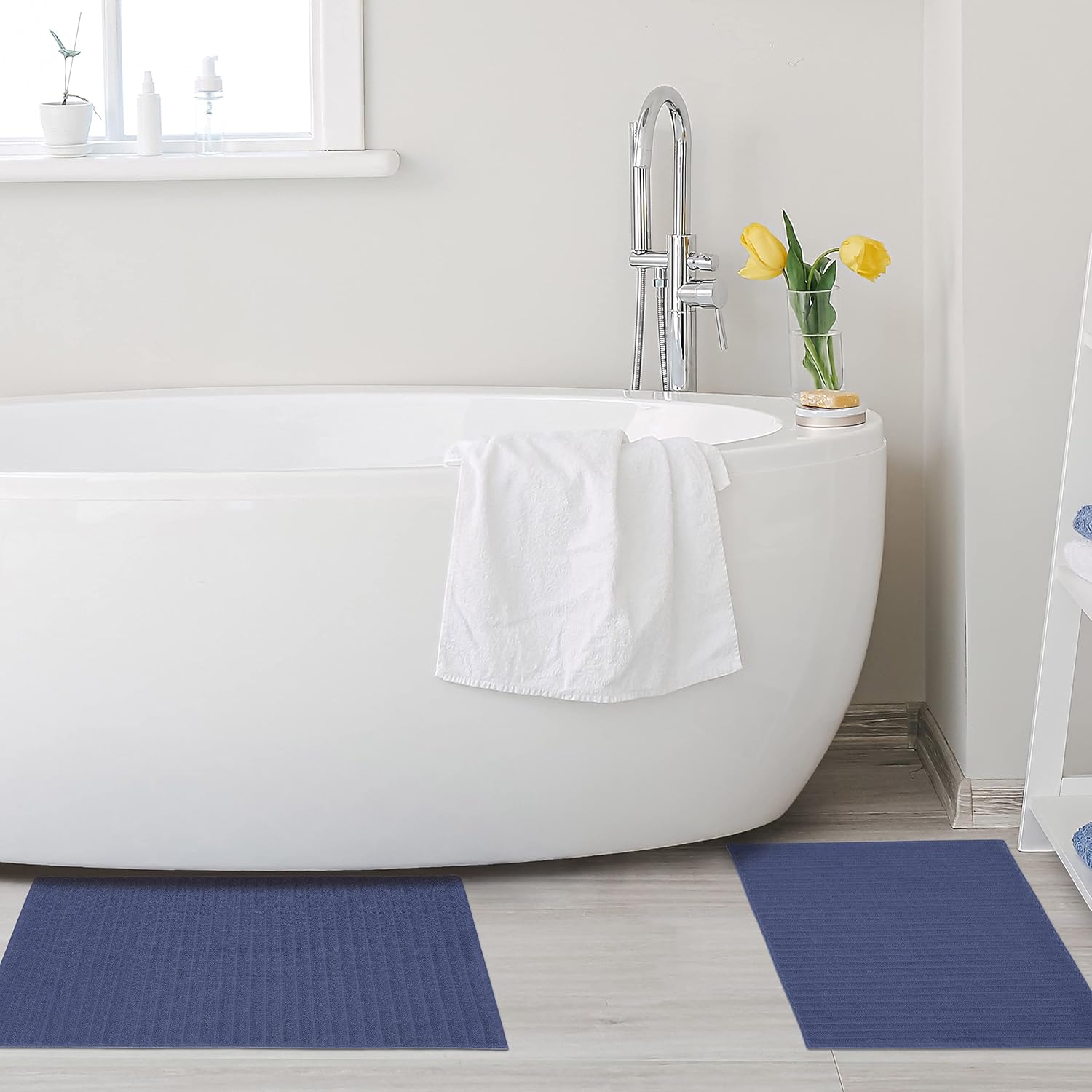 Superior Juego de alfombrillas de baño de 35.27 oz de algodón peinado de fibra larga para baño, 2 piezas, azul marino