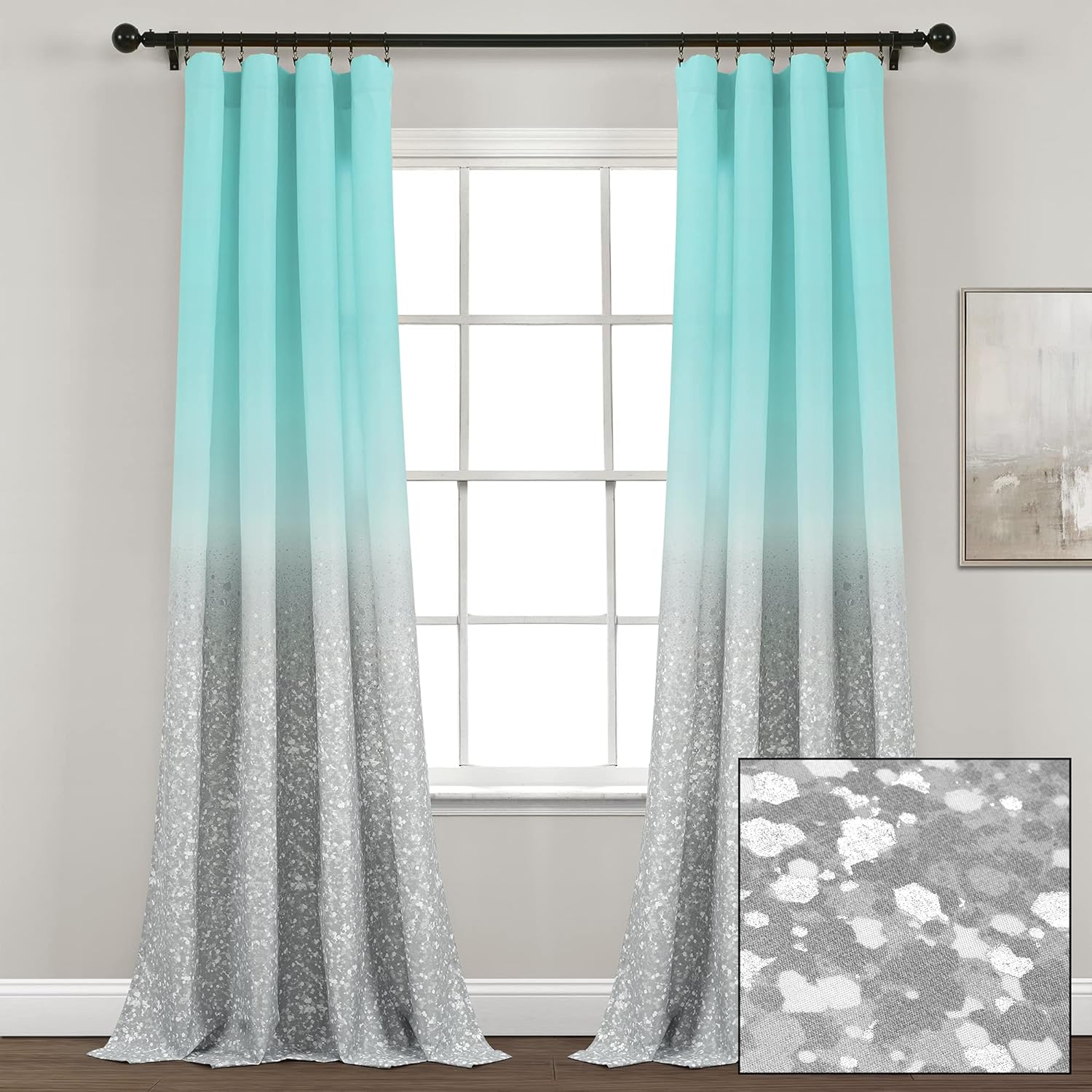 Lush Decor Par de paneles de cortinas para ventana con estampado metálico degradado con purpurina, 84 pulgadas de largo x 52 pulgadas de ancho,