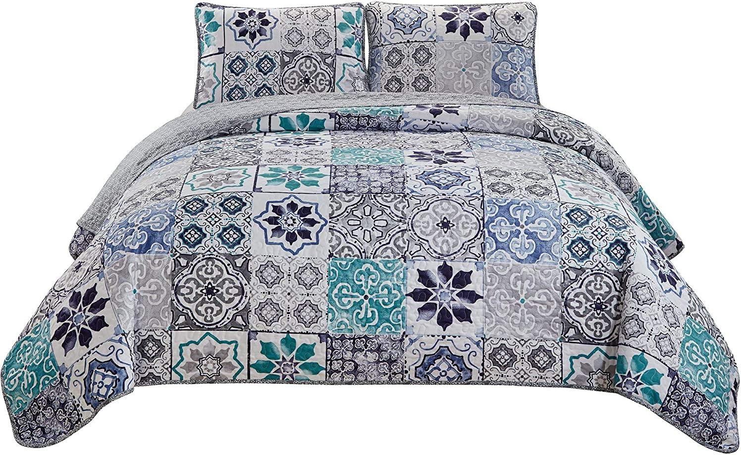 Mk Home – Juego de colcha acolchada de gran tamaño de 3 piezas, tamaño King, California King, patrón floral, blanco, gris, azul