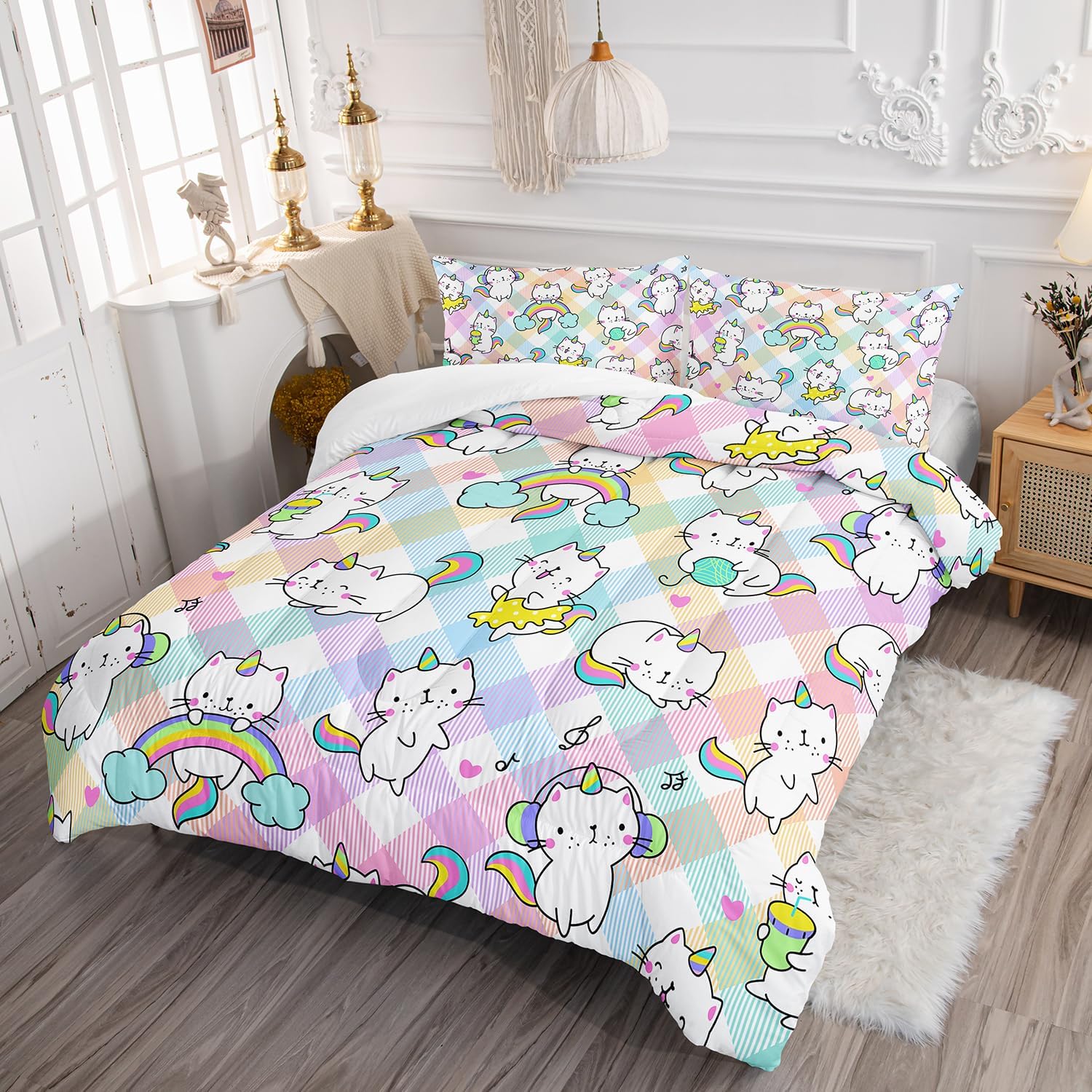 AILONEN Juego de edredón de gatos de unicornio, tamaño individual, juego de ropa de cama de unicornio arcoíris para niños y niñas, bonito juego de
