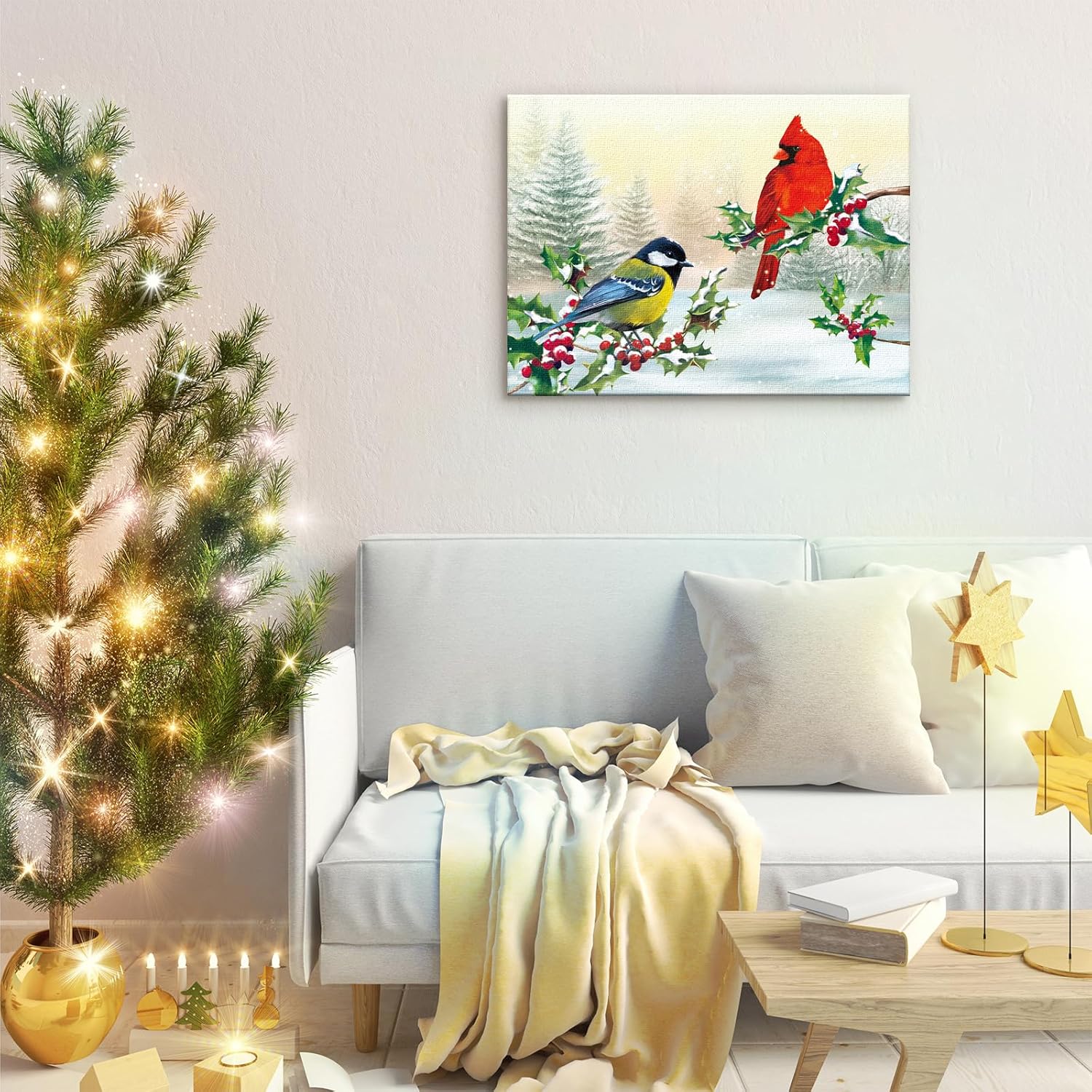 Louise Maelys Lienzo decorativo de invierno con marcos de madera de 12 x 16 pulgadas, póster de Navidad con obras de arte, impresiones de pájaros