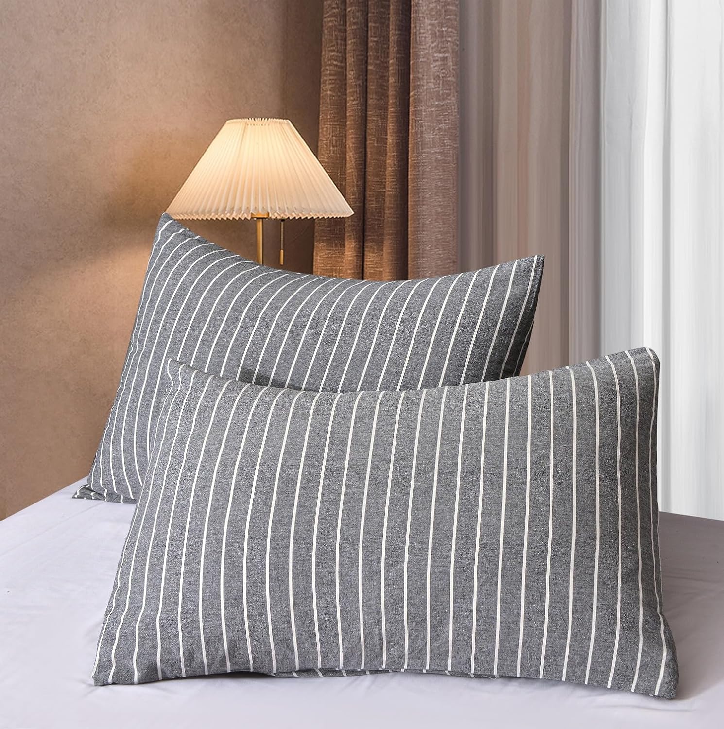 TazmKezm Juego de funda de edredón a rayas grises 100% algodón lavado, tamaño Queen (90 x 90 pulgadas), juego de ropa de cama suave de lujo de 3