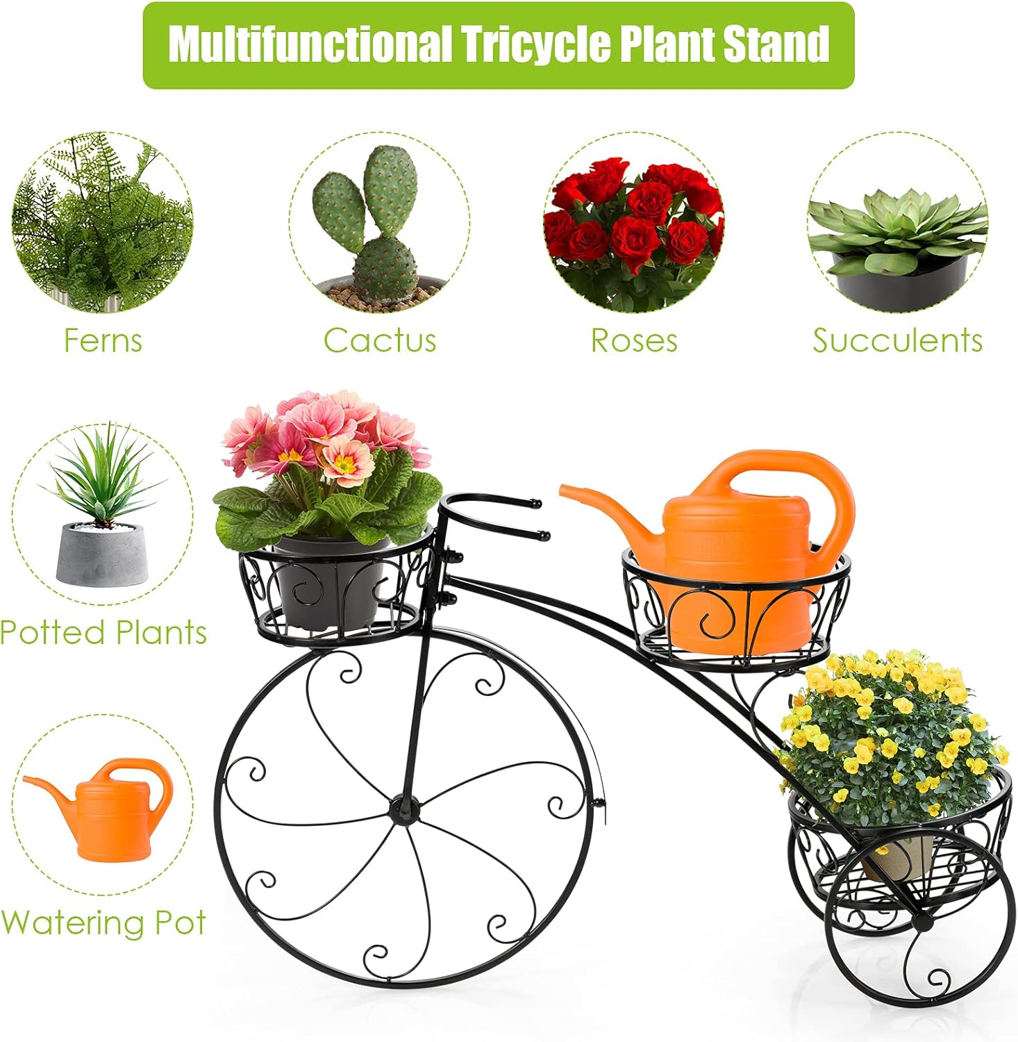 Giantex Maceta de metal para bicicleta, soporte de 3 niveles para plantas de flores con 3 ruedas decorativas, soporte de exhibición de flores de