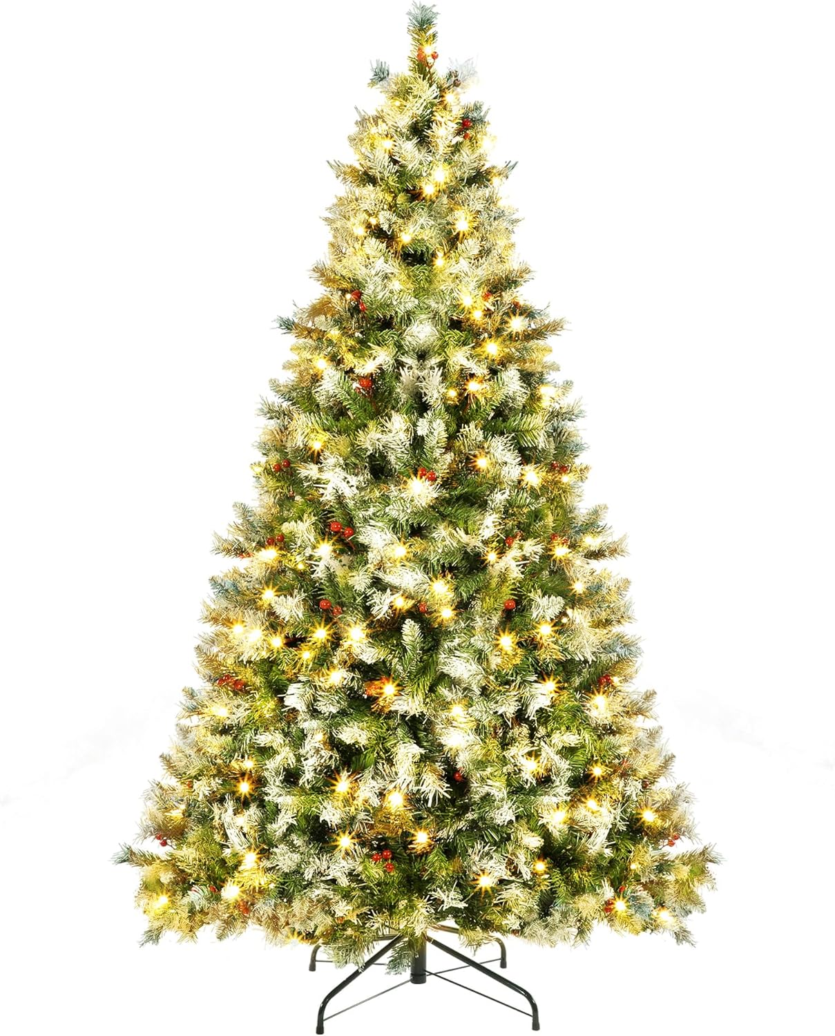 Árbol de Navidad artificial preiluminado de 6 pies, pinos de Navidad con 250 luces blancas cálidas, 818 puntas de rama, 58 bayas, bolsa de