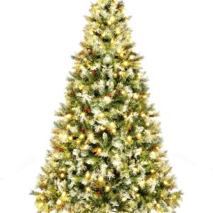 Árbol de Navidad artificial preiluminado de 6 pies, pinos de Navidad con 250 luces blancas cálidas, 818 puntas de rama, 58 bayas, bolsa de Árbol de Navidad artificial preiluminado de 6 pies, pinos de Navidad con 250 luces blancas cálidas, 818 puntas de rama, 58 bayas, bolsa de