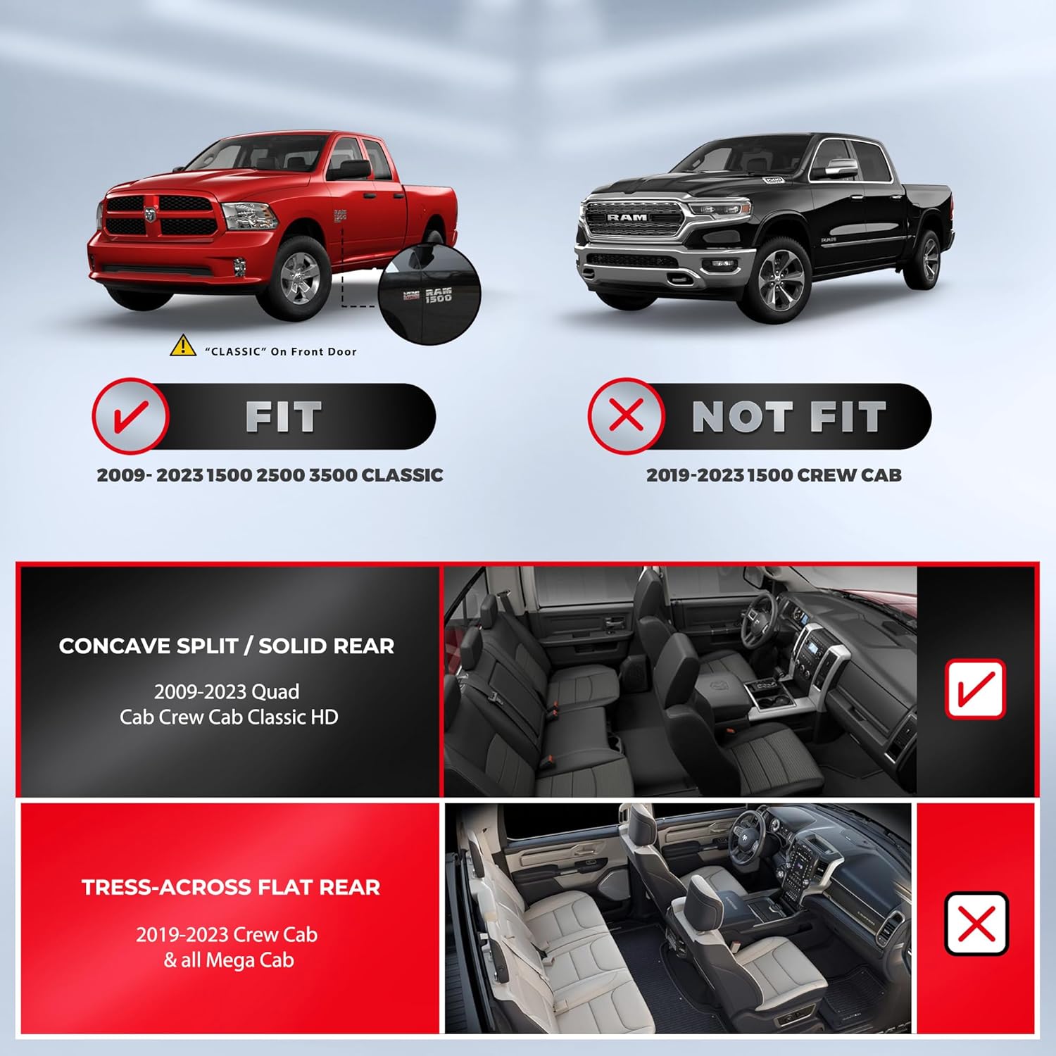 FREESOO Juego completo de fundas de asiento de automóvil para Dodge Ram 2002-2023 1500 2500 3500 Classic Crew Quad Cab Funda de asiento de cuero con