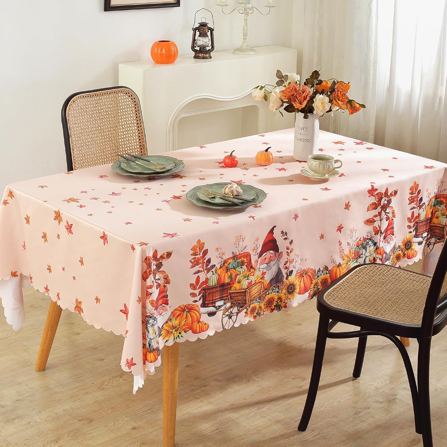 Mantel rectangular de Acción de Gracias, hojas de otoño y calabazas, impermeable y lavable, para cosecha, vacaciones, cena, fiesta, decoración en