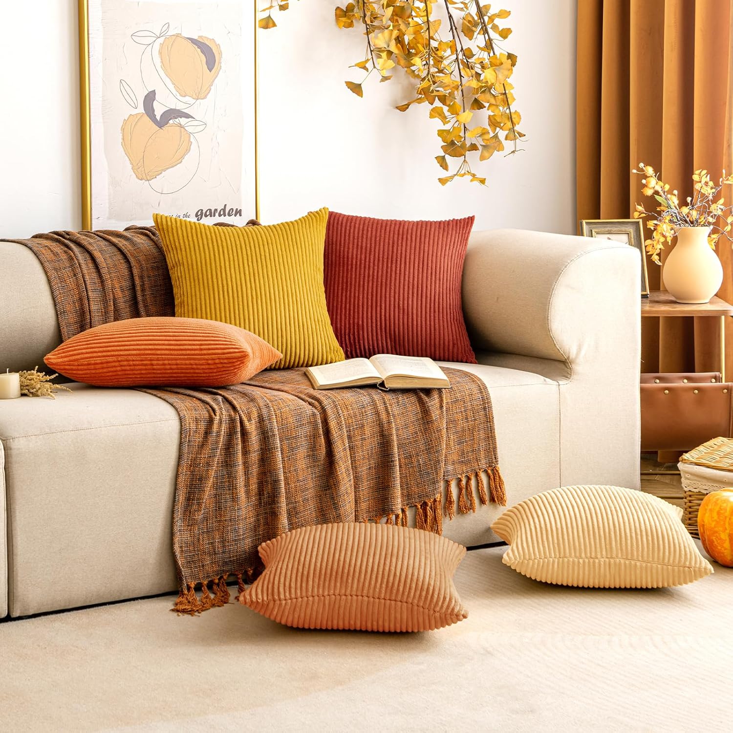 EMEMA Juego de 2 fundas de almohada de pana de color naranja quemado otoñal, fundas de cojín cuadradas de rayas suaves para sofá, dormitorio, silla