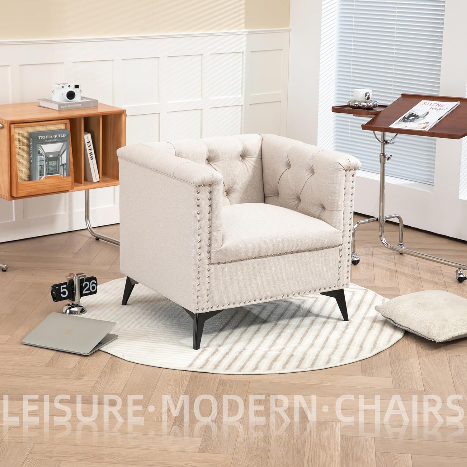 Silla decorativa Mid-Century, cómodo sofá individual con asiento cuadrado, moderno sillón decoración de remaches para sala de estar, dormitorio,