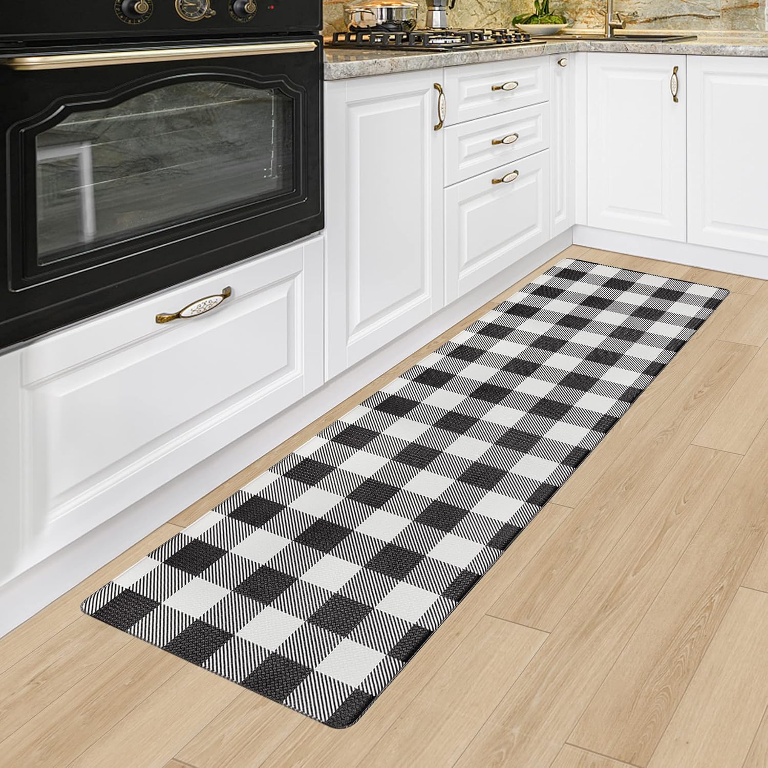 Tapete de cocina antifatiga para cocina, camino de piso de 17.3 x 59 pulgadas, tapete de cocina a cuadros blanco y negro, impermeable, tapete cómodo