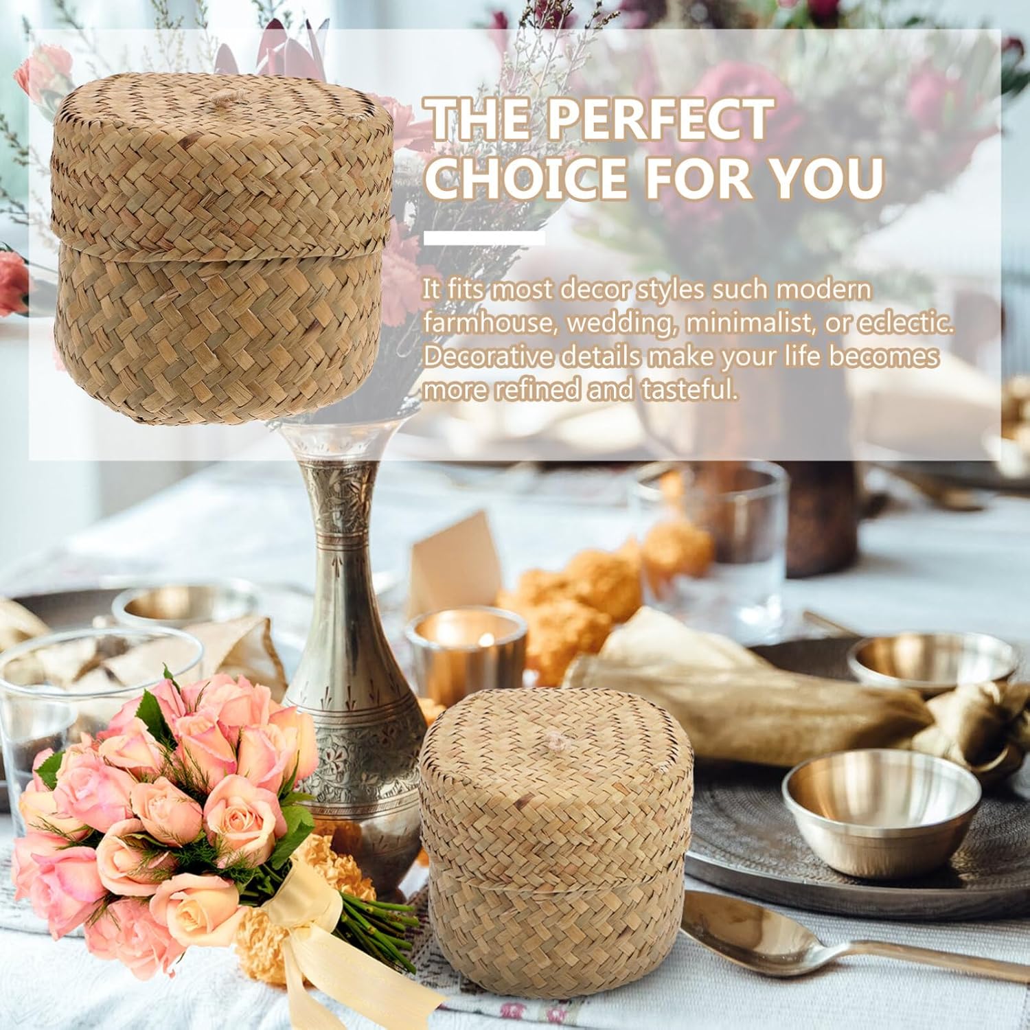 Zerodeko Cesta de pastos marinos con tapa, cesta de flores tejida a mano con tapa, cesta de mimbre para estantes, caja de almacenamiento pequeña,