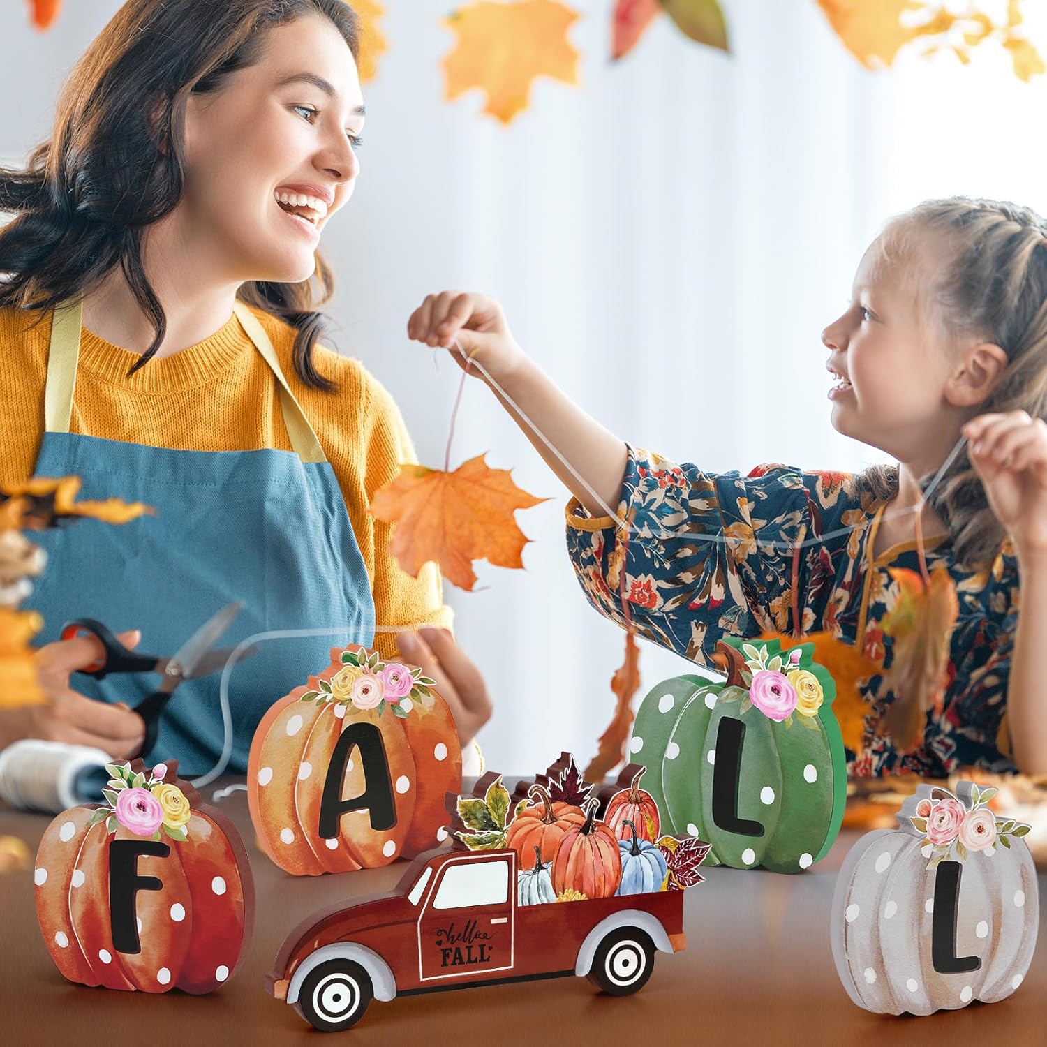 6 piezas de decoración de otoño para el hogar, letrero de madera con texto en inglés “Hello Fall”, calabaza, camión, arce, mesa de Acción de