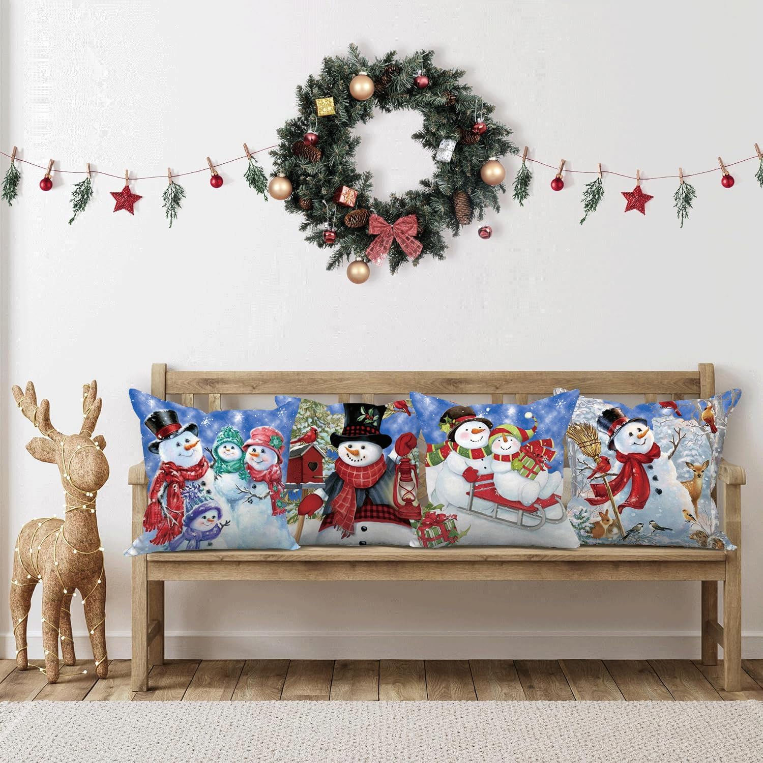 Juego de 4 fundas de almohada de muñeco de nieve de Navidad de 18 x 18 pulgadas, fundas de almohada de terciopelo suave para sala de estar,