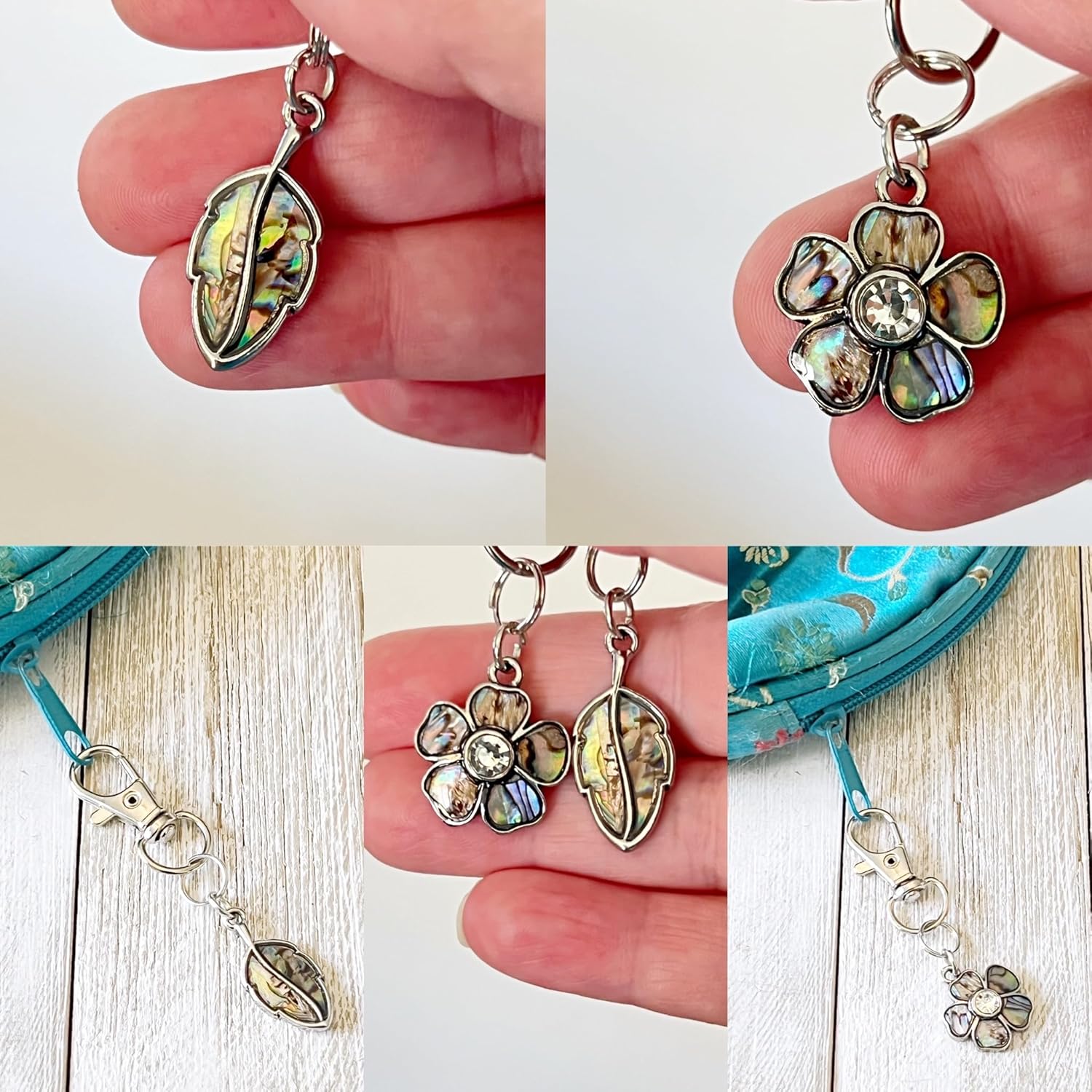 Silver Flower & Leaf Purse Charms, Abalone Shell Handbag Jewelry, Floral Fall Zipper Pulls, Cool Keychain, Backpack Charms, Nature Gift Sets