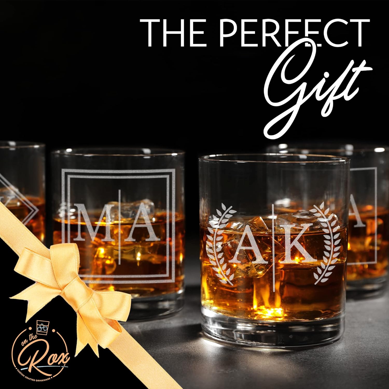 On The Rox Drinks Regalos de whisky personalizados para hombres  Juego de 4 vasos de whisky con monograma grabado grabado de 11 onzas  Copa de