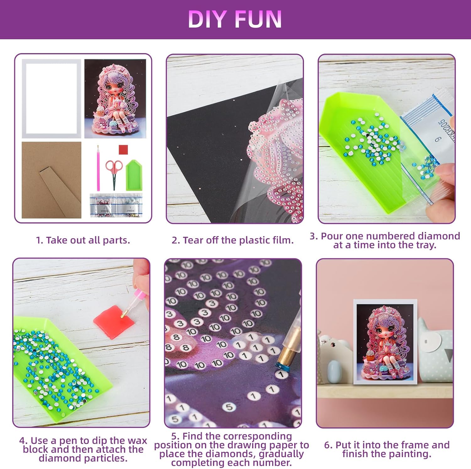 PracticeJQDEN Kits de pintura de diamantes 5D, arte de gemas para niños, kits de pintura por números con marco, kits de manualidades y puntos para