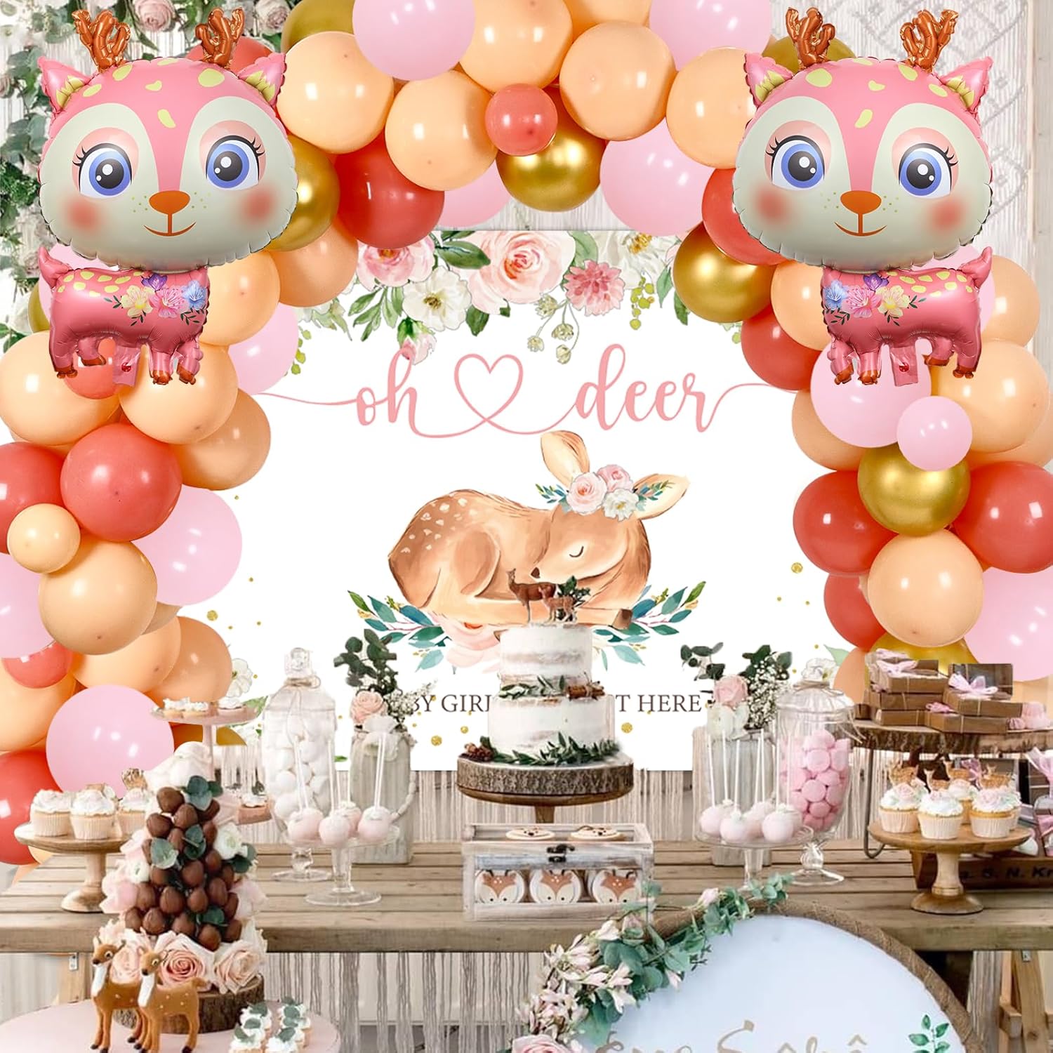 Decoraciones de ciervos para baby shower para niña, kit de arco de guirnalda de globos de ciervo con telón de fondo rosa para cervatillo, animales,
