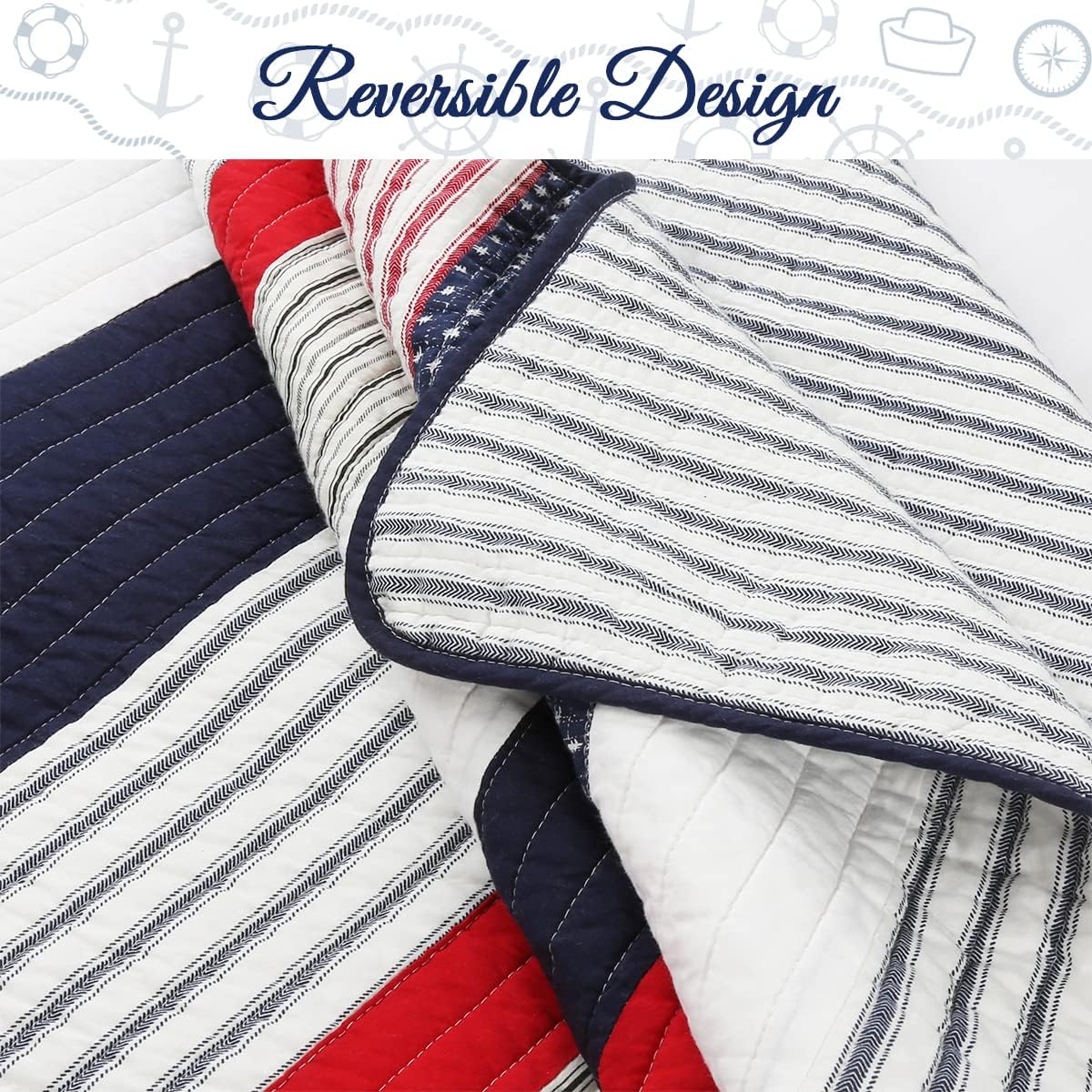 Cozy Line Home Fashions Juego de ropa de cama reversible de 100% algodón con diseño de estrellas y rayas rojas, azul marino, para todas las