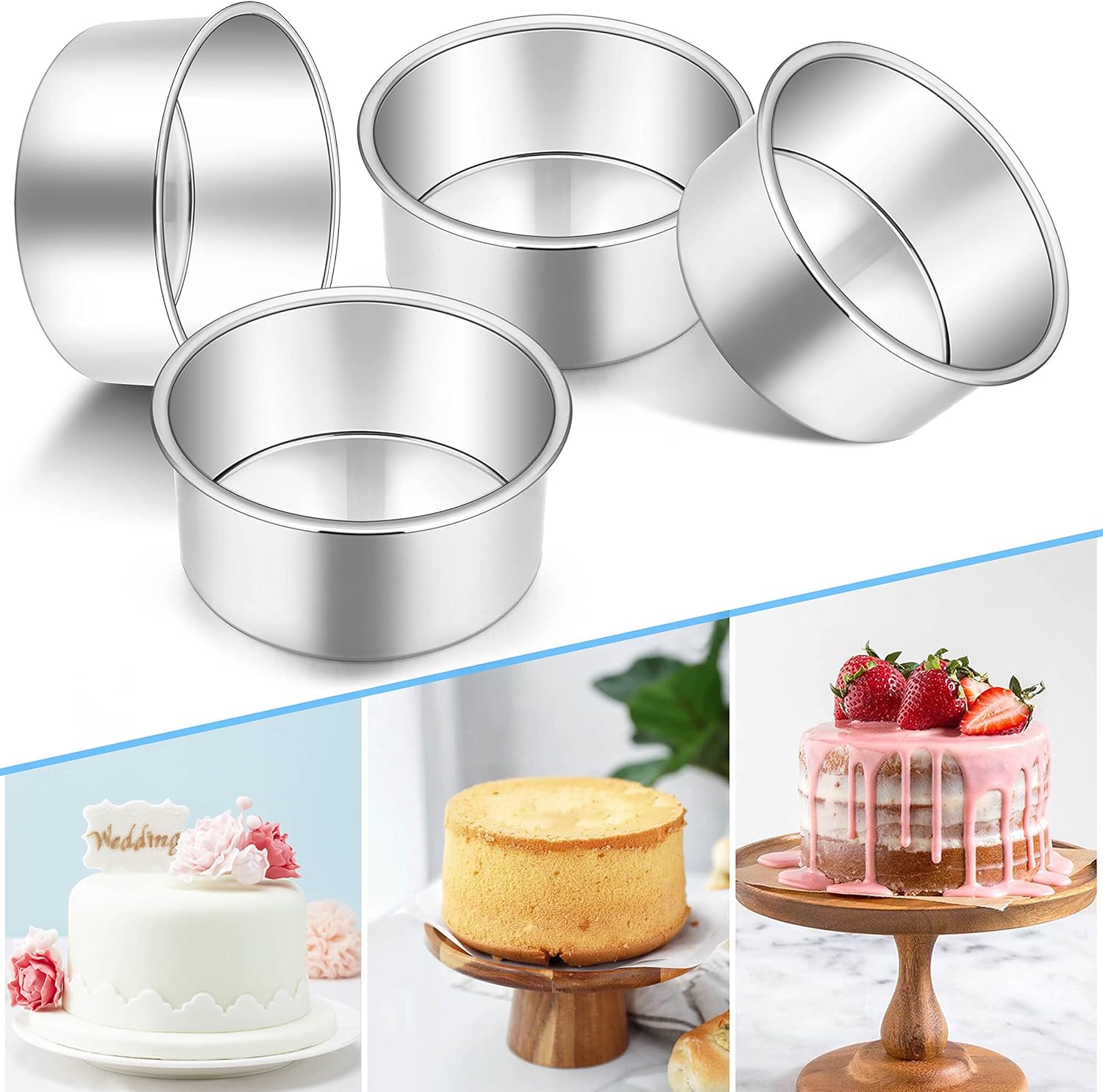 Homikit Juego de 4 moldes para tartas de 4 pulgadas, de acero inoxidable, redondos, para hornear, cumpleaños, boda, capa de tartas, juegos de moldes