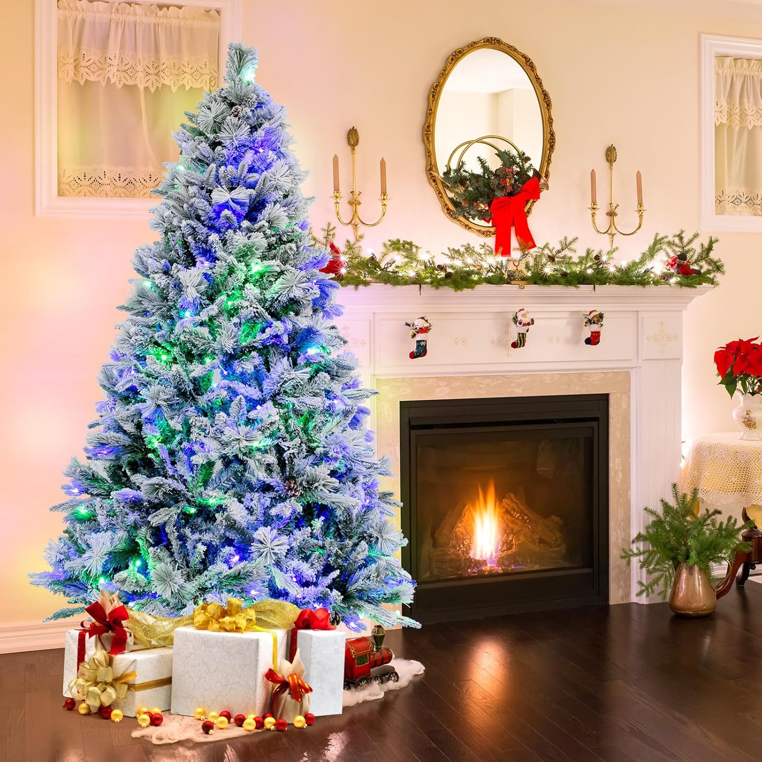 GOFLAME Árbol de Navidad artificial de 6 pies con agujas de pino, árbol de Navidad flocado de nieve con 850 puntas de ramas de polietileno y PVC,