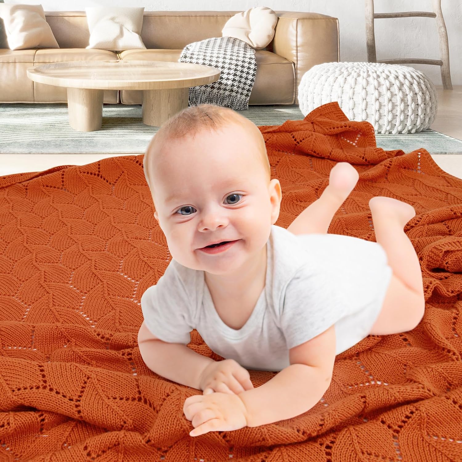 SHOWYVAN Mantas neutras para bebé, 100% algodón, de punto de ganchillo, transpirable, suave, color naranja, manta de punto para bebé, para niños y