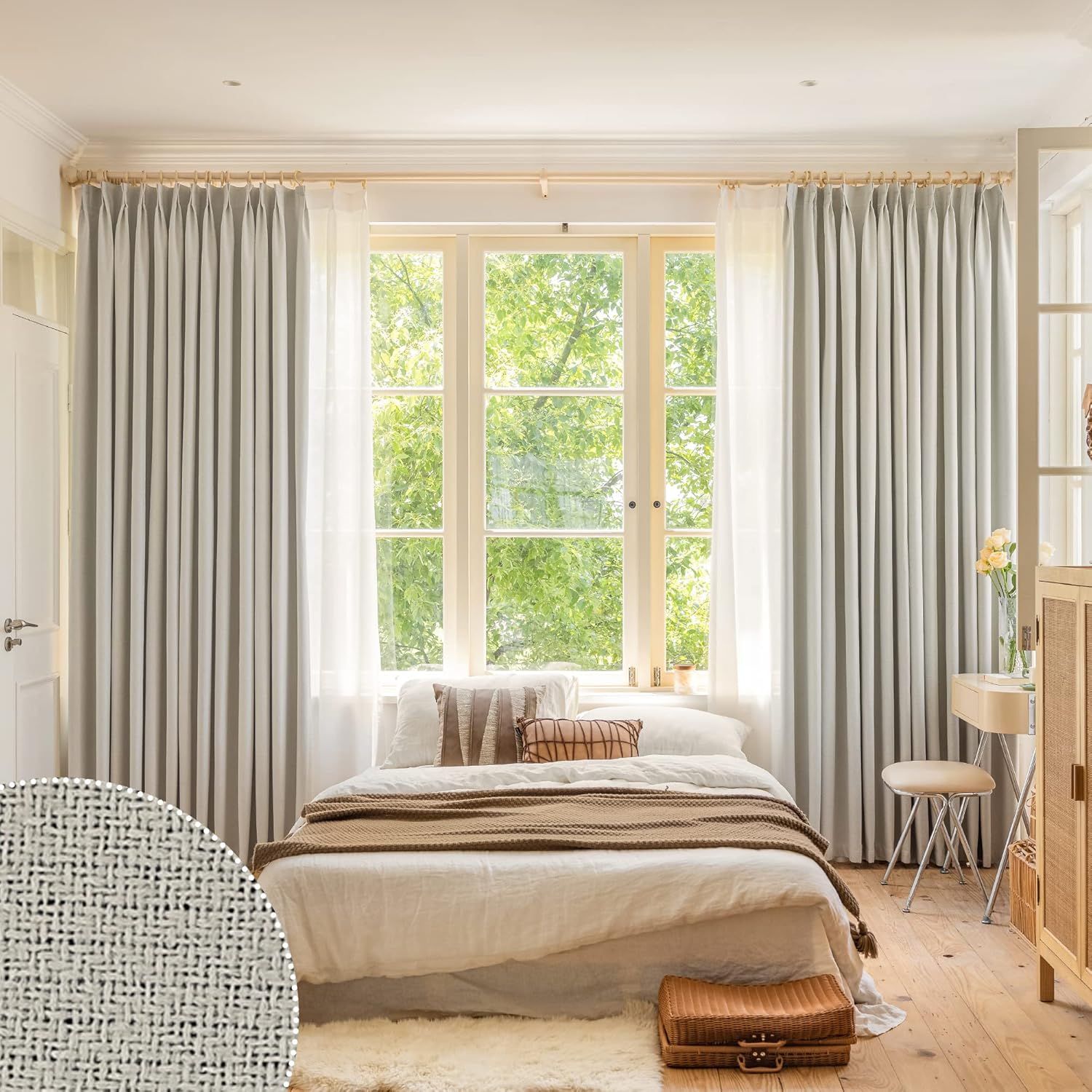 HUTO Cortina plisada opaca completa con alzapaños, cortina de lino sintético extra ancha para patio, dormitorio, sala de estar, abedul blanco, 84