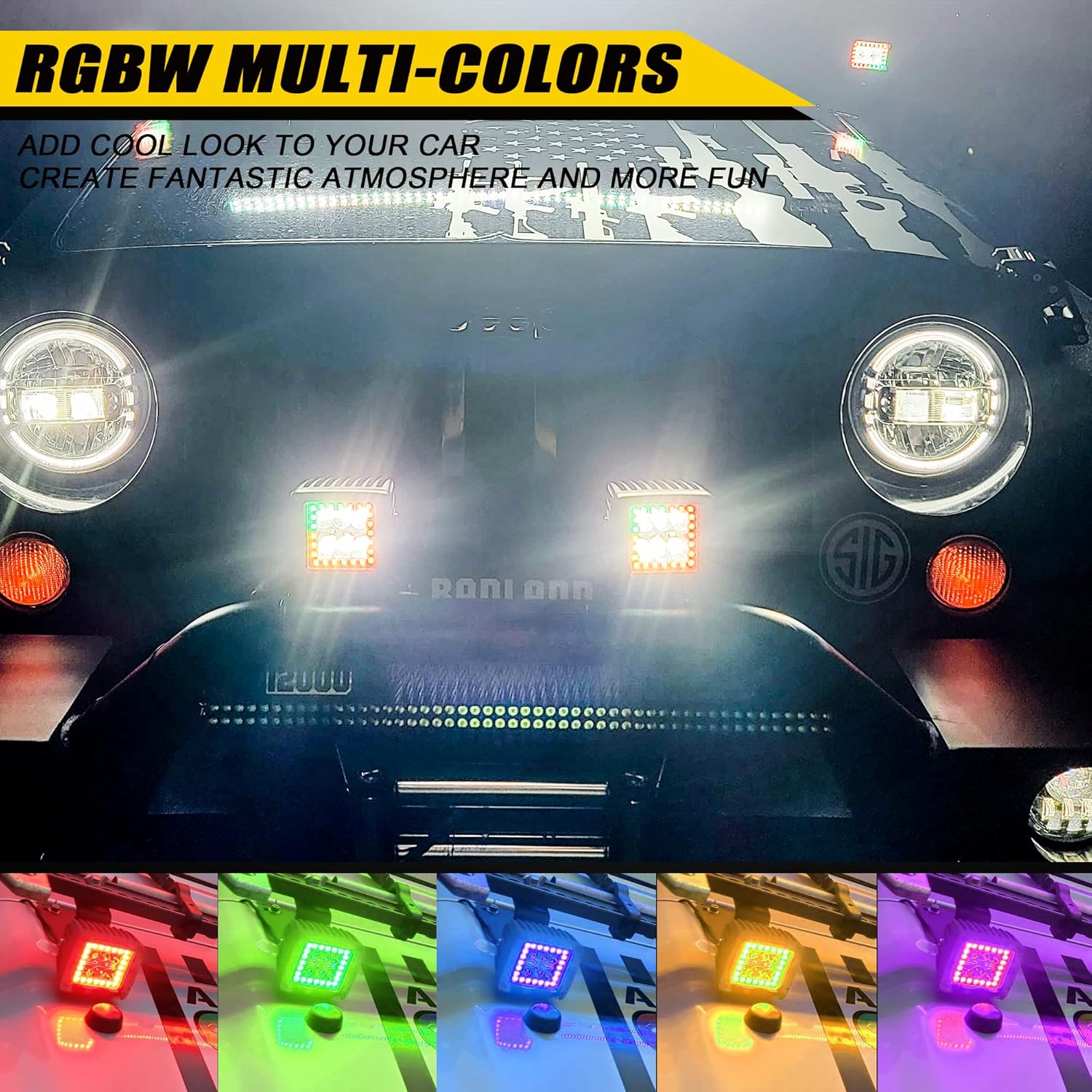Nicoko Luces LED blancas de 3 pulgadas y 18 W, luz de trabajo LED blanca con 200 millones de anillos de halo de persecución RGB, multicolor,