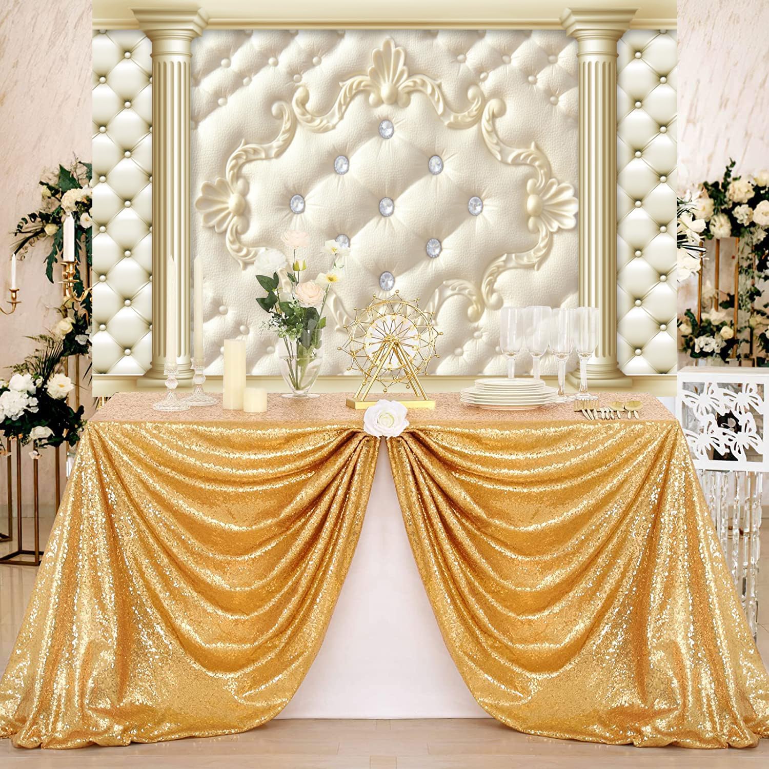 Baocicco Fondo de fotografía de pared de lujo de 8 x 6 pies, textura de pilares dorados, textura clásica europea, pared interior, habitación, sala
