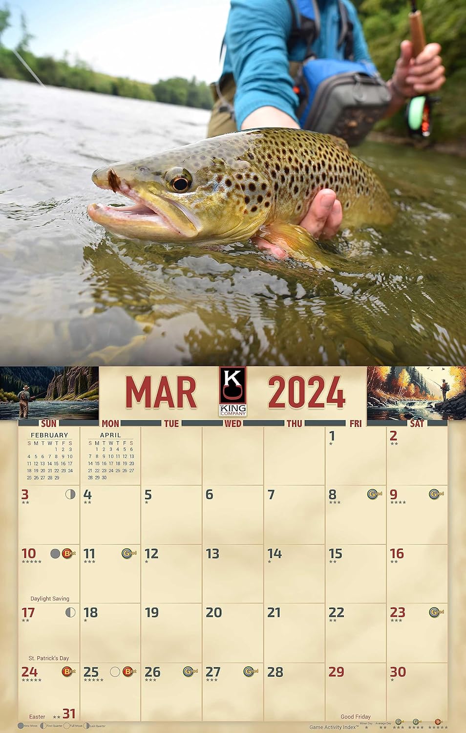 Calendario de pared de pesca con mosca 2024, 16 meses, tamaño XL, 14 x 22 pulgadas, el mejor calendario de pesca por The KING Company-Monster